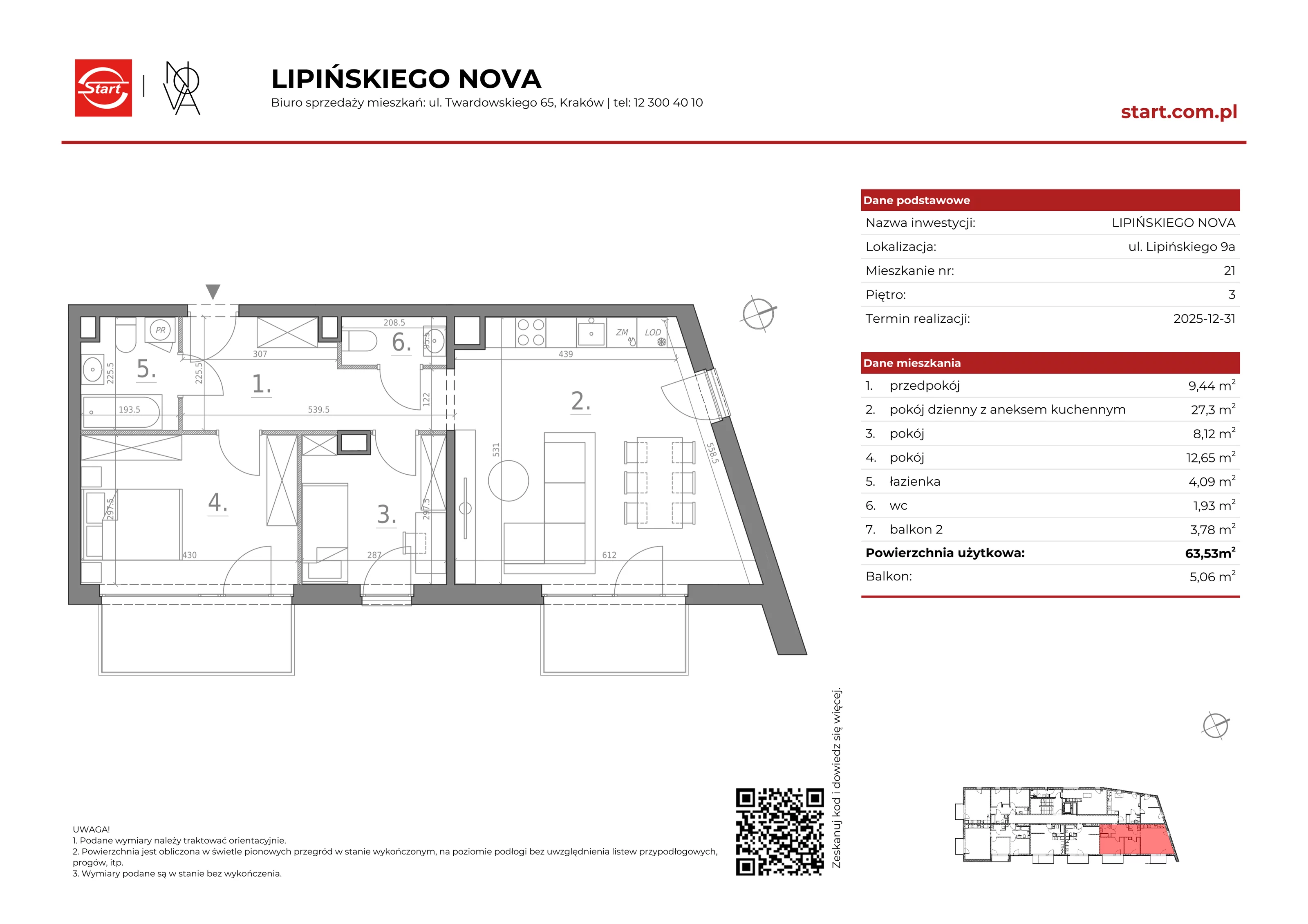 3 pokoje, mieszkanie 63,53 m², piętro 3, oferta nr 9a/21, Lipińskiego Nova, Kraków, Dębniki, Ruczaj, ul. Wacława Lipińskiego