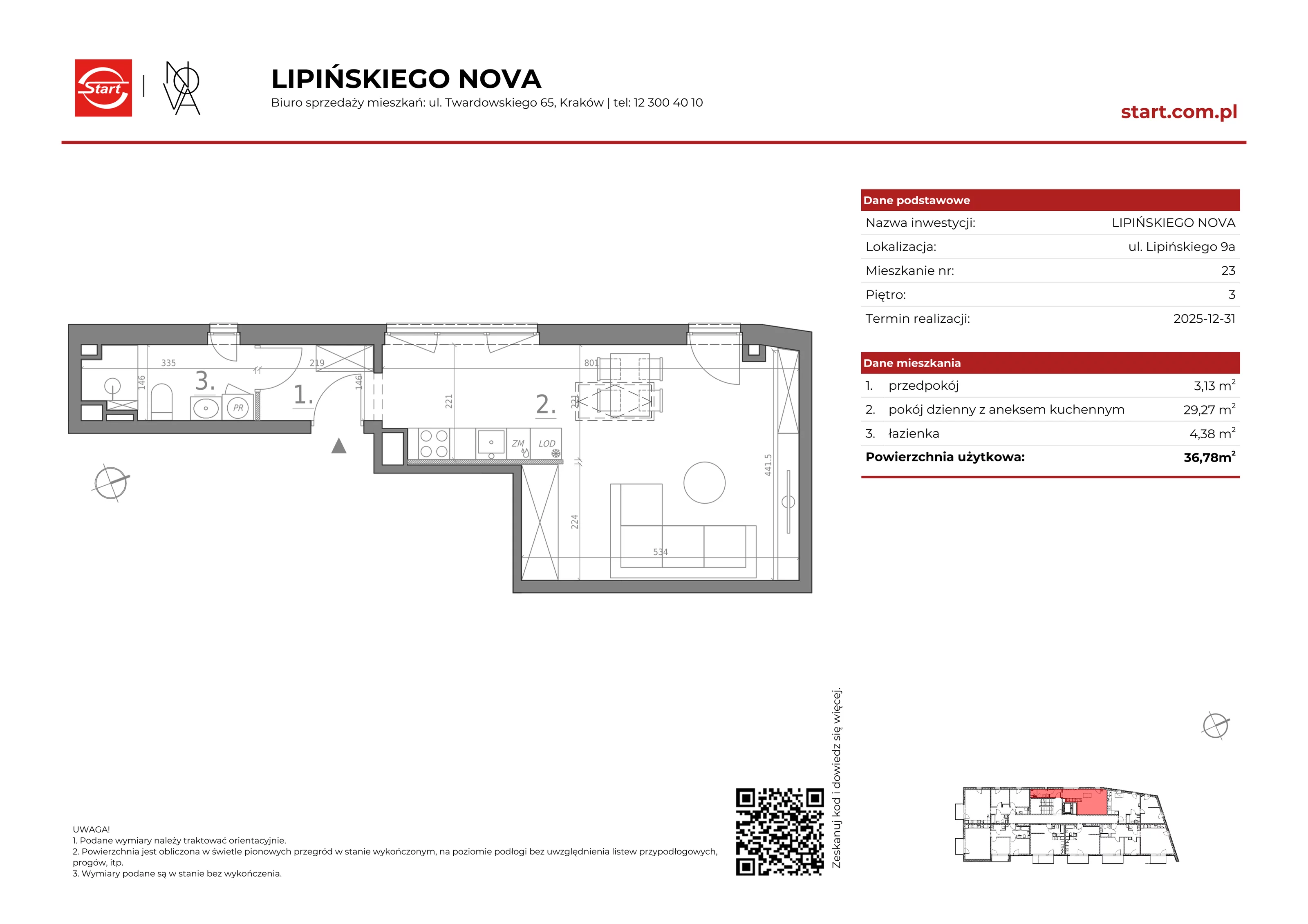 1 pokój, mieszkanie 36,78 m², piętro 3, oferta nr 9a/23, Lipińskiego Nova, Kraków, Dębniki, Ruczaj, ul. Wacława Lipińskiego
