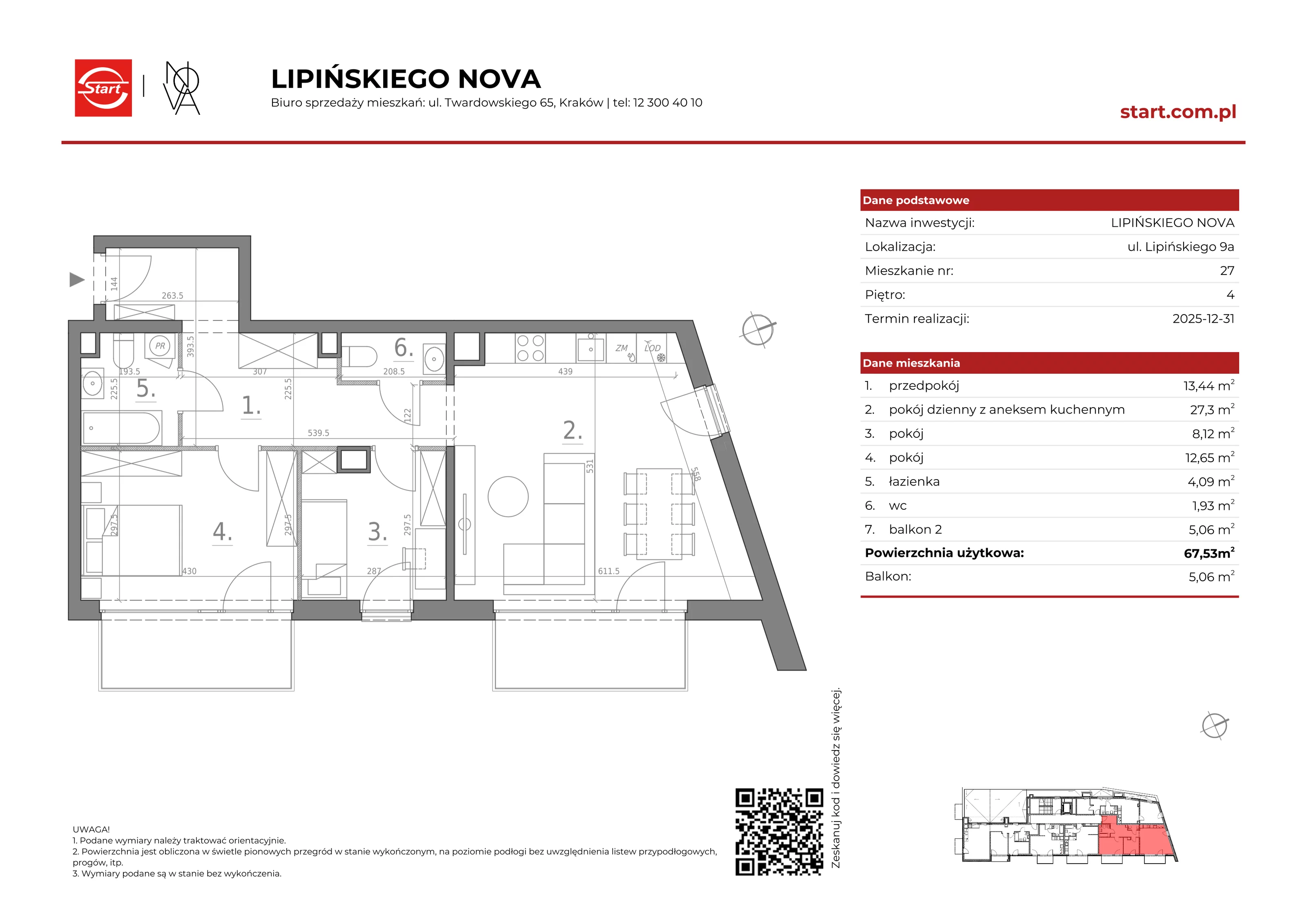 3 pokoje, mieszkanie 67,53 m², piętro 4, oferta nr 9a/27, Lipińskiego Nova, Kraków, Dębniki, Ruczaj, ul. Wacława Lipińskiego