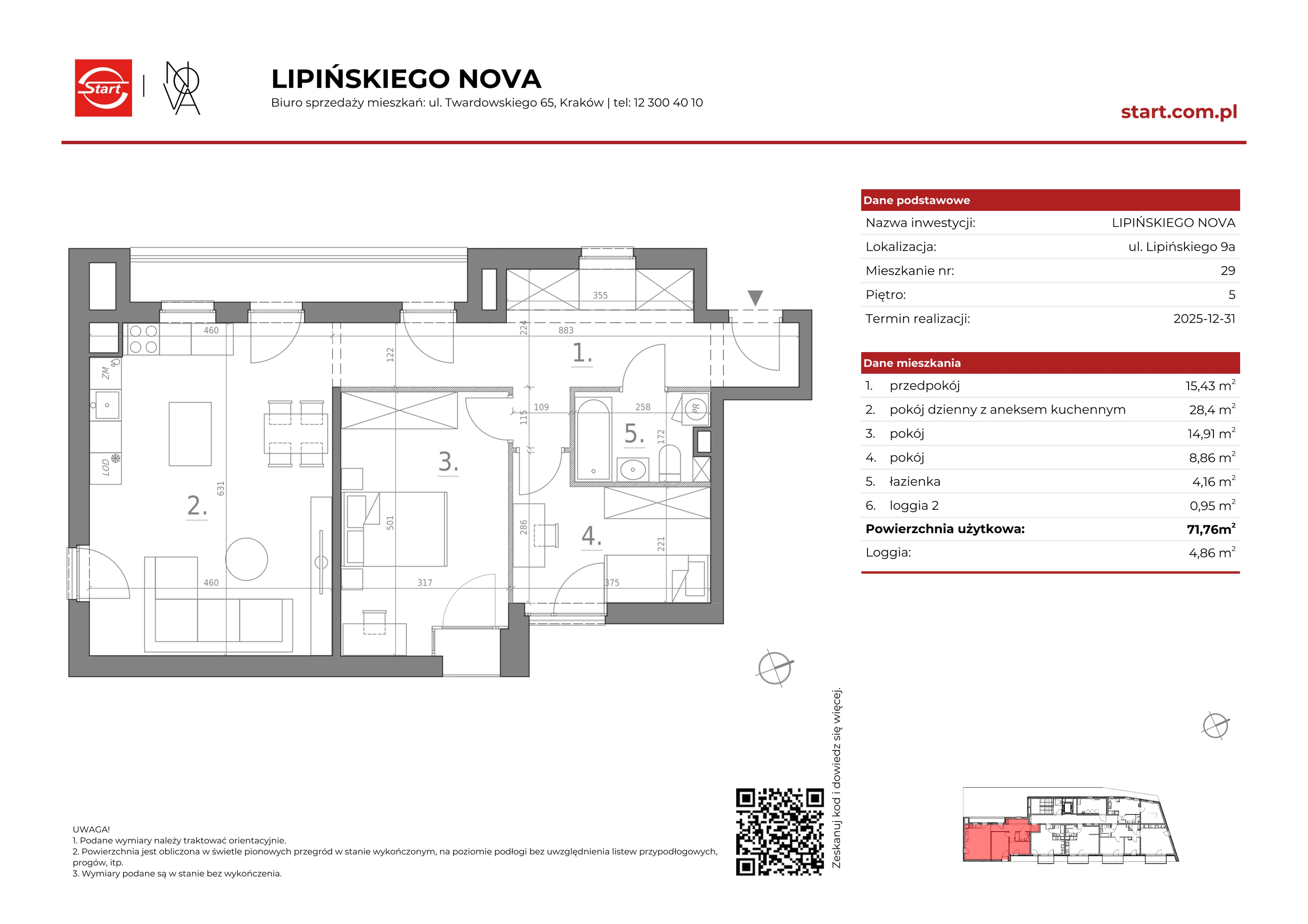 3 pokoje, mieszkanie 71,76 m², piętro 5, oferta nr 9a/29, Lipińskiego Nova, Kraków, Dębniki, Ruczaj, ul. Wacława Lipińskiego