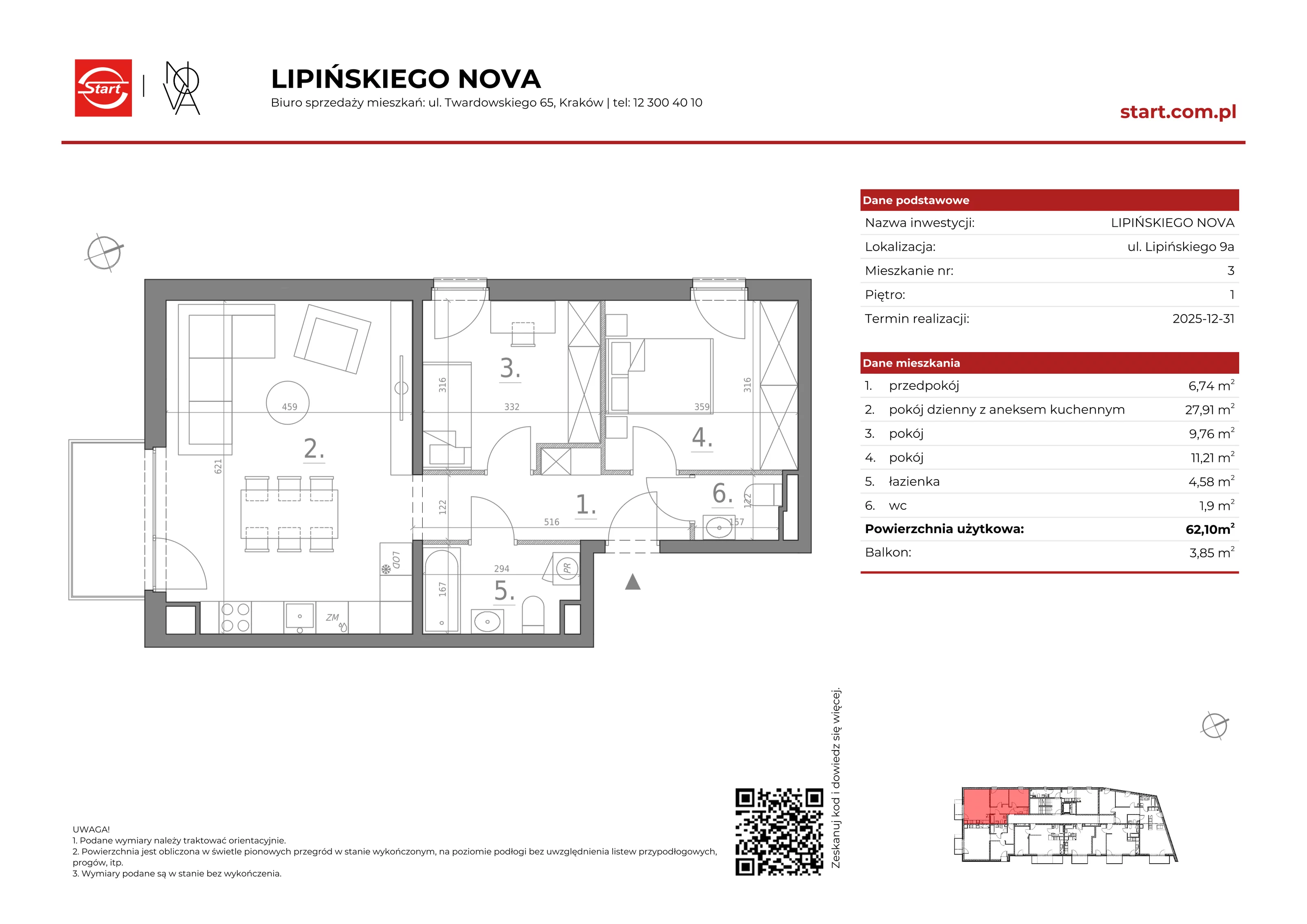 3 pokoje, mieszkanie 62,10 m², piętro 1, oferta nr 9a/3, Lipińskiego Nova, Kraków, Dębniki, Ruczaj, ul. Wacława Lipińskiego