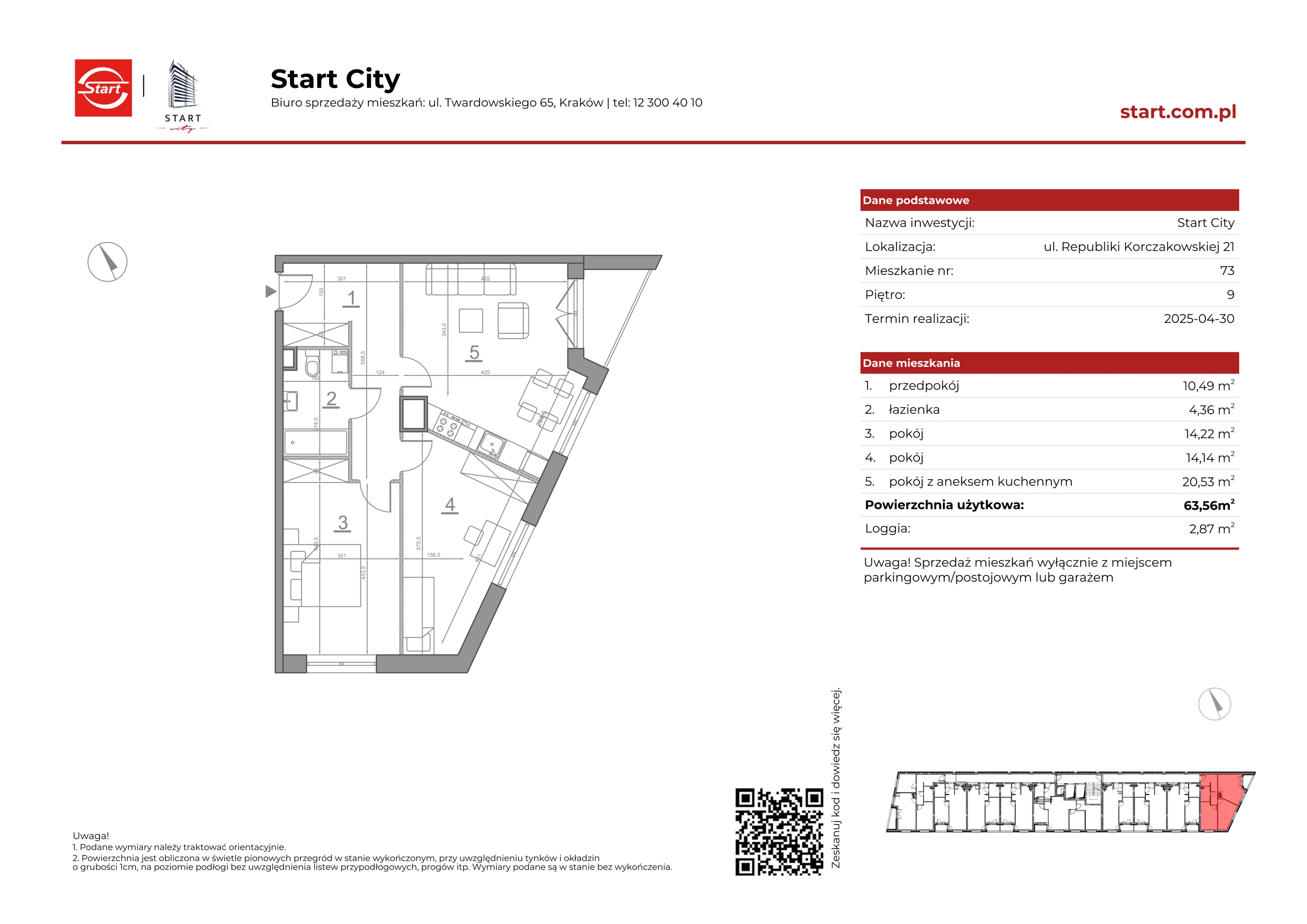3 pokoje, mieszkanie 63,56 m², piętro 9, oferta nr 21/73, Start City, Kraków, Bieżanów-Prokocim, ul. Republiki Korczakowskiej 21
