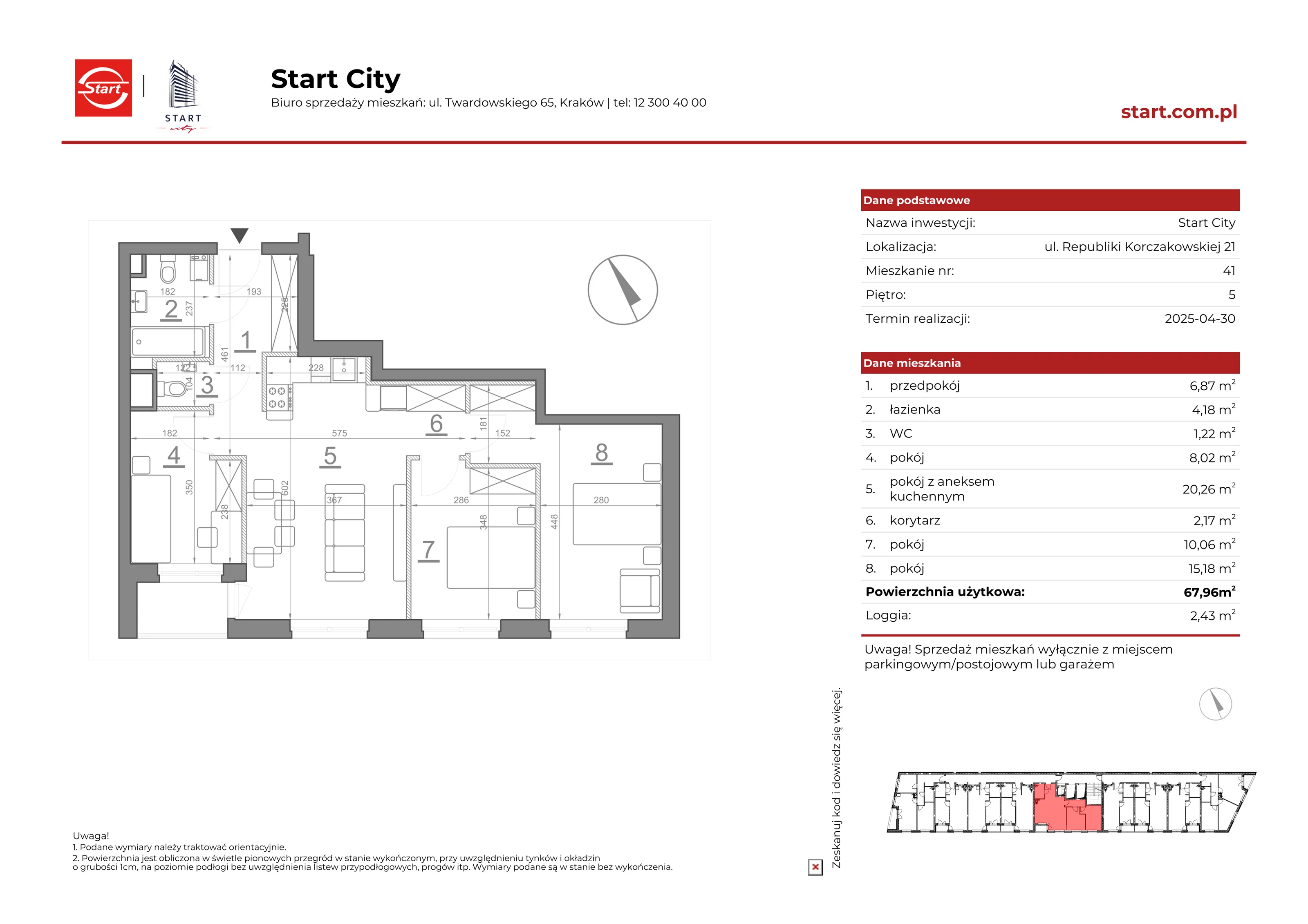 Mieszkanie 67,96 m², piętro 5, oferta nr 21/41, Start City, Kraków, Bieżanów-Prokocim, ul. Republiki Korczakowskiej 21