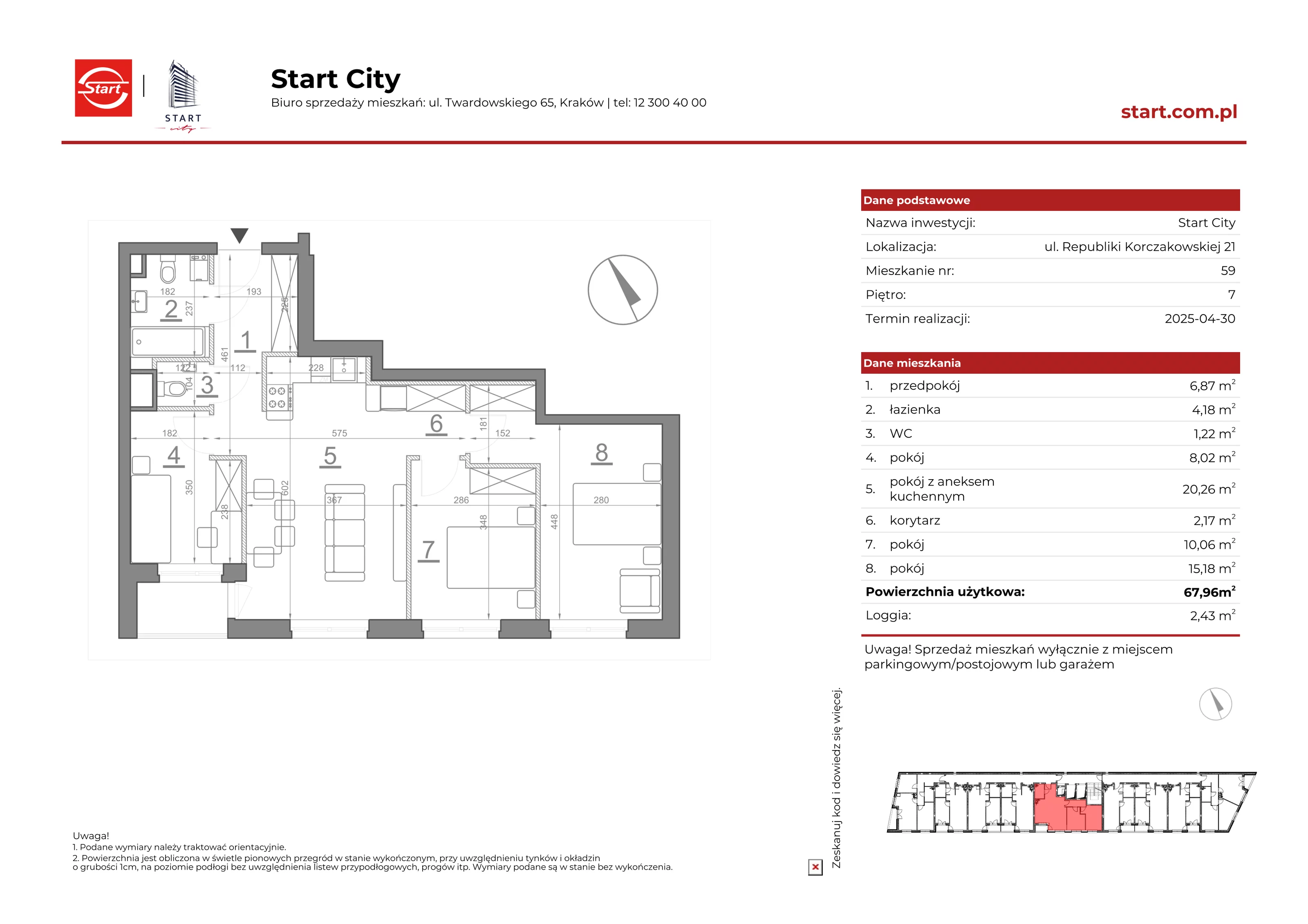 Mieszkanie 67,96 m², piętro 7, oferta nr 21/59, Start City, Kraków, Bieżanów-Prokocim, ul. Republiki Korczakowskiej 21