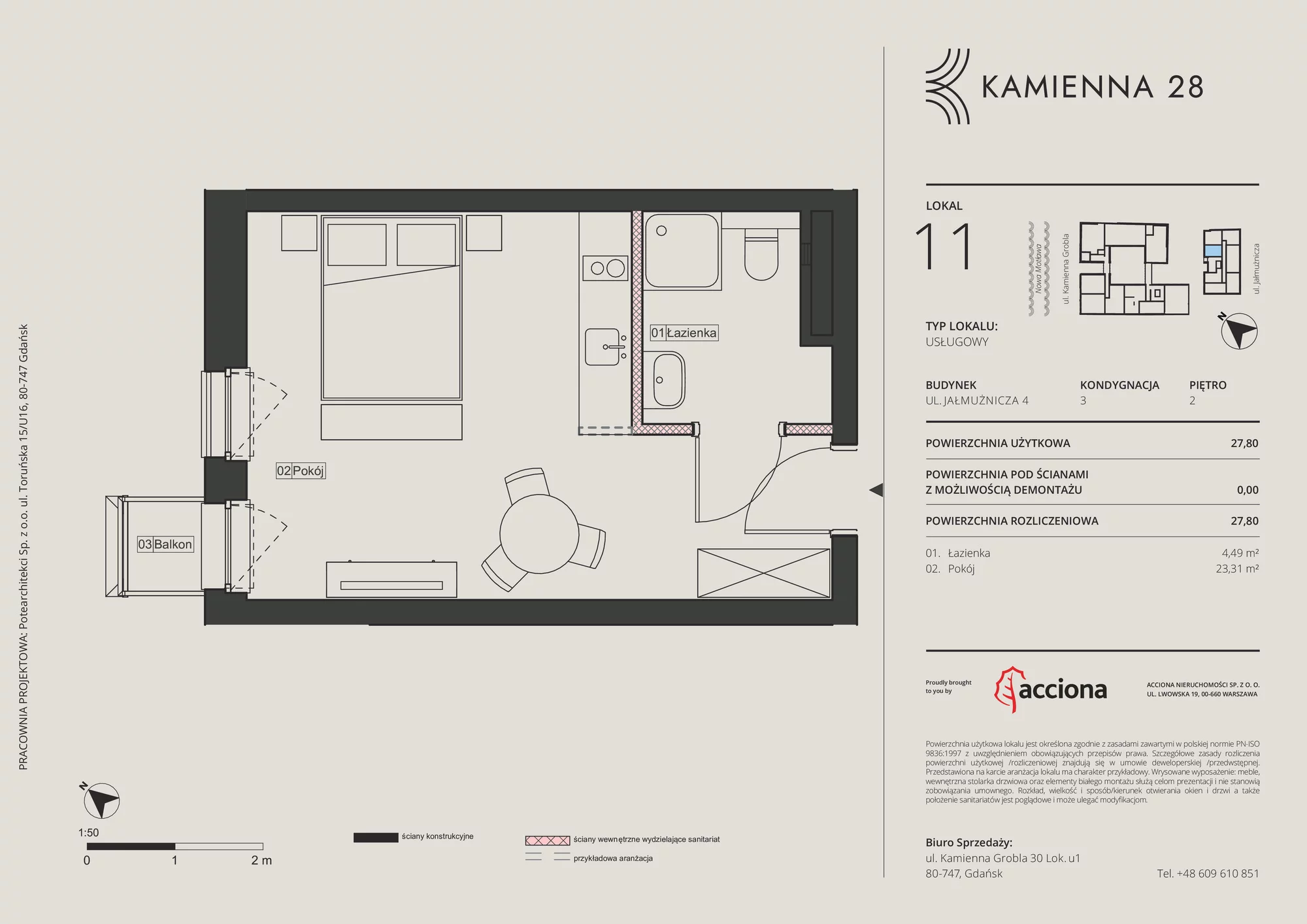 1 pokój, apartament inwestycyjny 27,80 m², piętro 2, oferta nr 4.11, Kamienna 28 - apartamenty inwestycyjne, Gdańsk, Śródmieście, Dolne Miasto, ul. Jałmużnicza 4