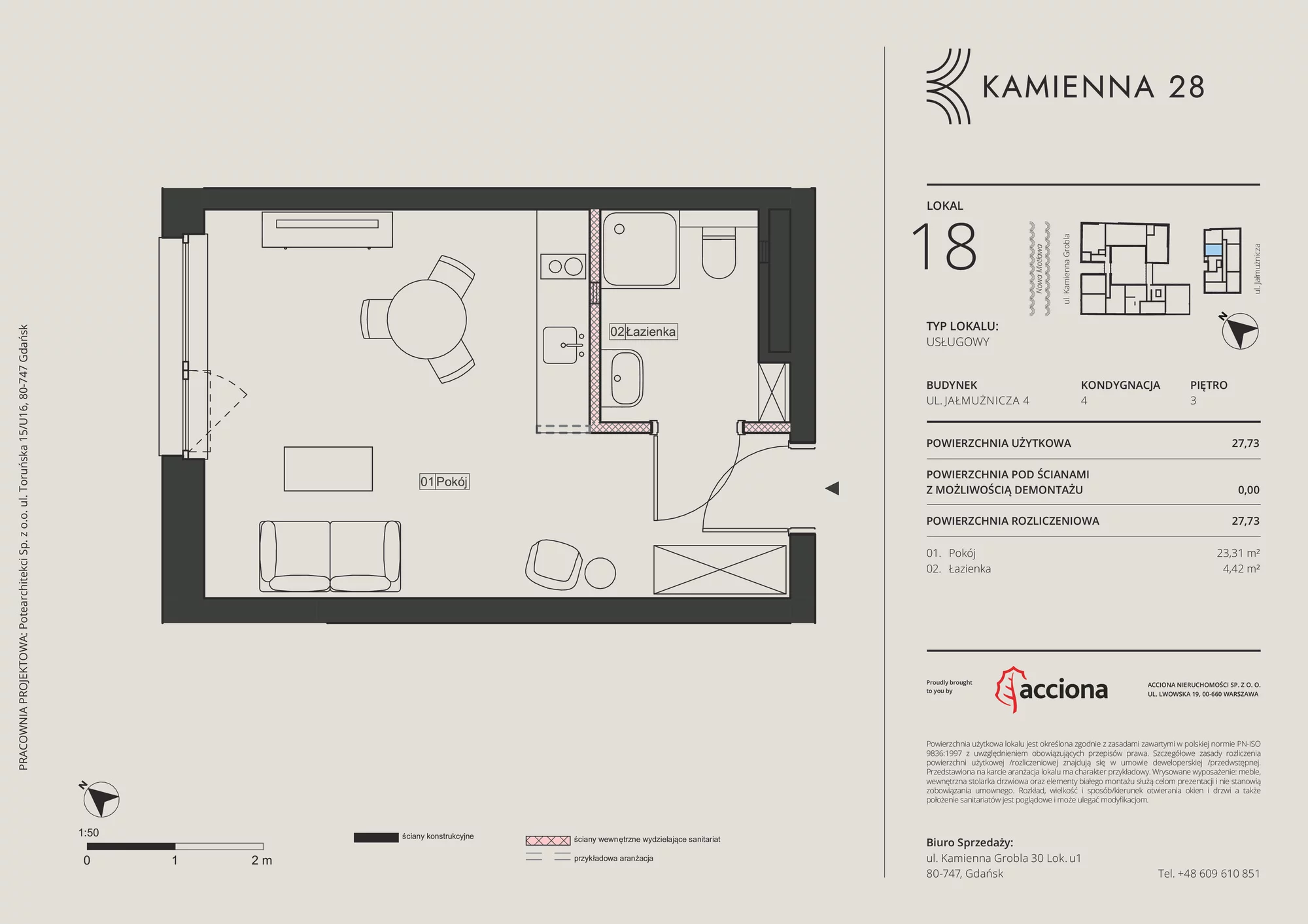 1 pokój, apartament inwestycyjny 27,73 m², piętro 3, oferta nr 4.18, Kamienna 28 - apartamenty inwestycyjne, Gdańsk, Śródmieście, Dolne Miasto, ul. Jałmużnicza 4