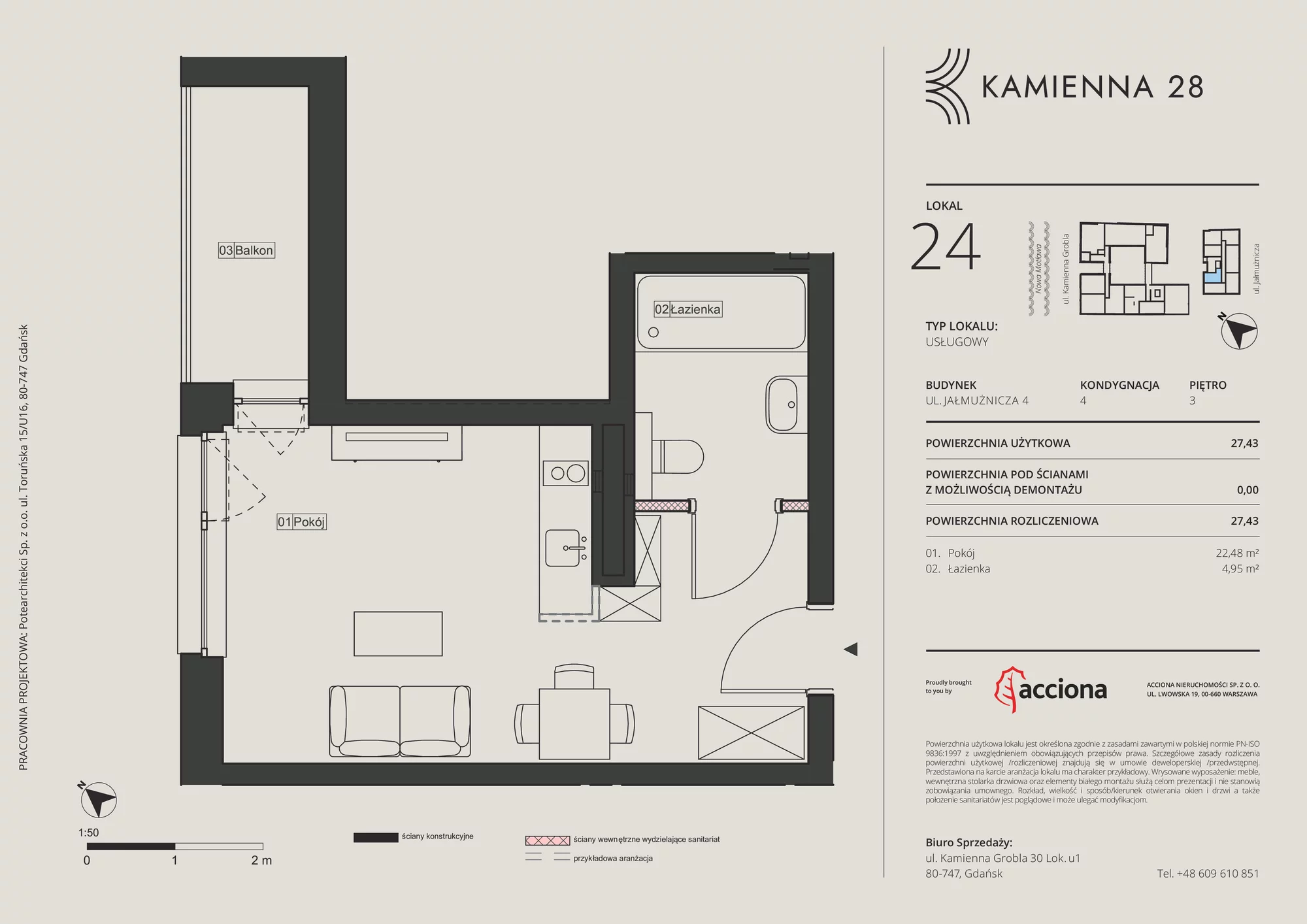 Apartament inwestycyjny 27,43 m², piętro 3, oferta nr 4.24, Kamienna 28 - apartamenty inwestycyjne, Gdańsk, Śródmieście, Dolne Miasto, ul. Jałmużnicza 4