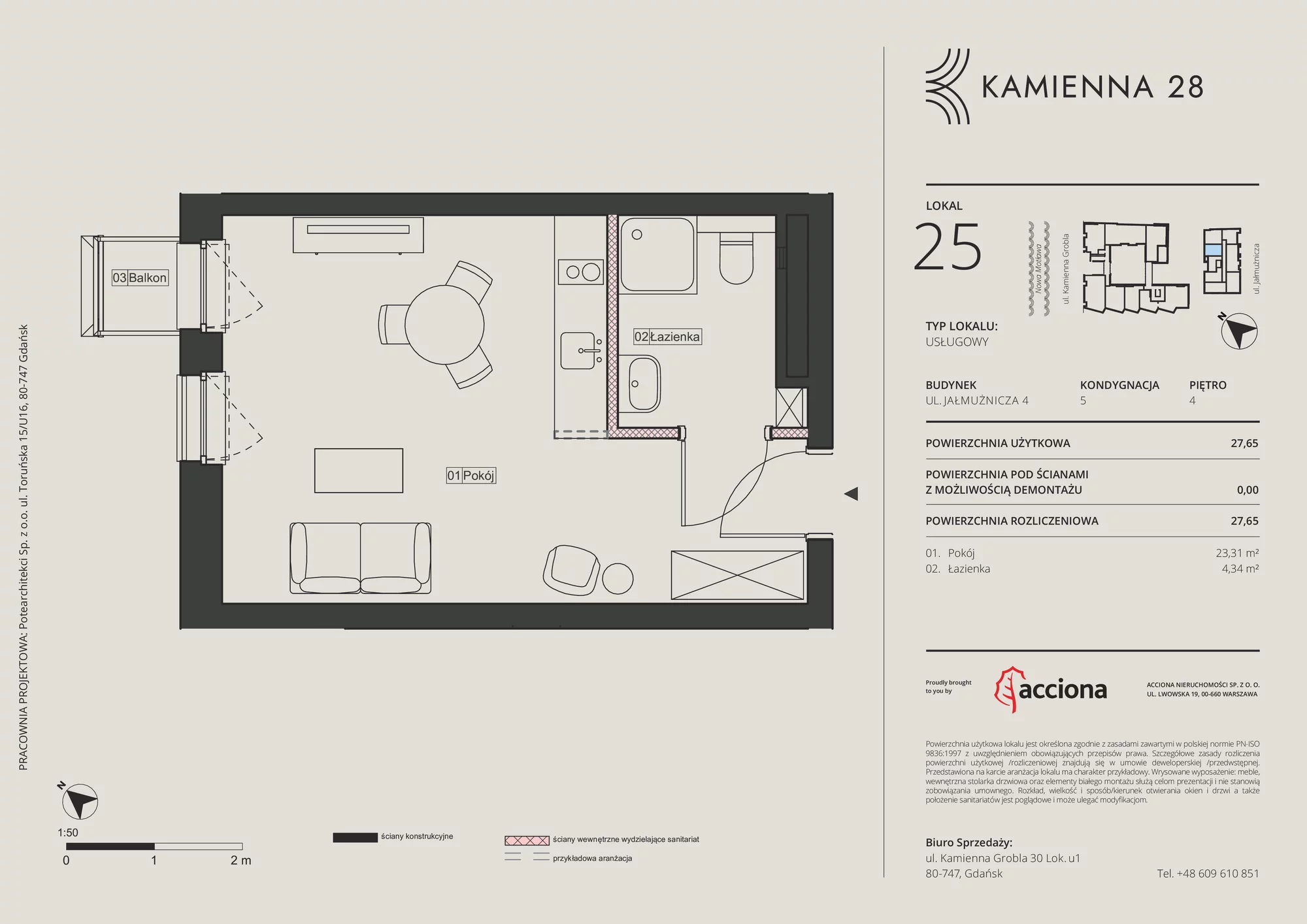 1 pokój, apartament inwestycyjny 27,65 m², piętro 4, oferta nr 4.25, Kamienna 28 - apartamenty inwestycyjne, Gdańsk, Śródmieście, Dolne Miasto, ul. Jałmużnicza 4