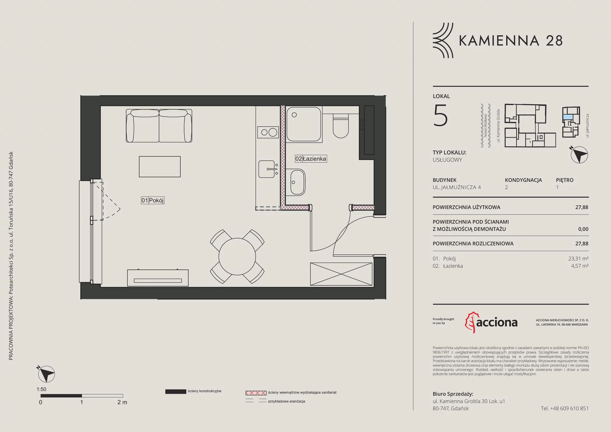 1 pokój, apartament inwestycyjny 27,88 m², piętro 1, oferta nr 4.5, Kamienna 28 - apartamenty inwestycyjne, Gdańsk, Śródmieście, Dolne Miasto, ul. Jałmużnicza 4