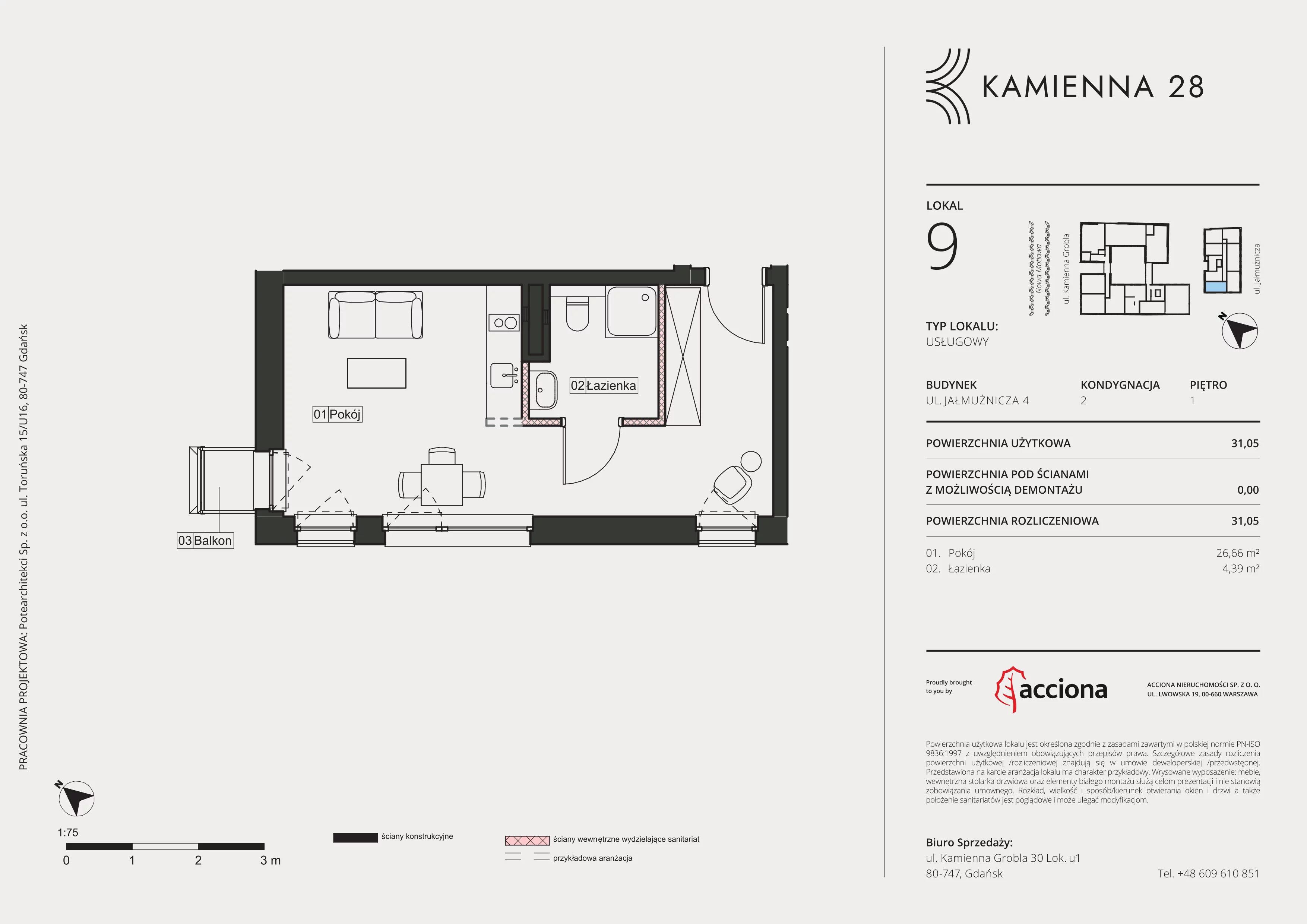 1 pokój, apartament inwestycyjny 31,05 m², piętro 1, oferta nr 4.9, Kamienna 28 - apartamenty inwestycyjne, Gdańsk, Śródmieście, Dolne Miasto, ul. Jałmużnicza 4
