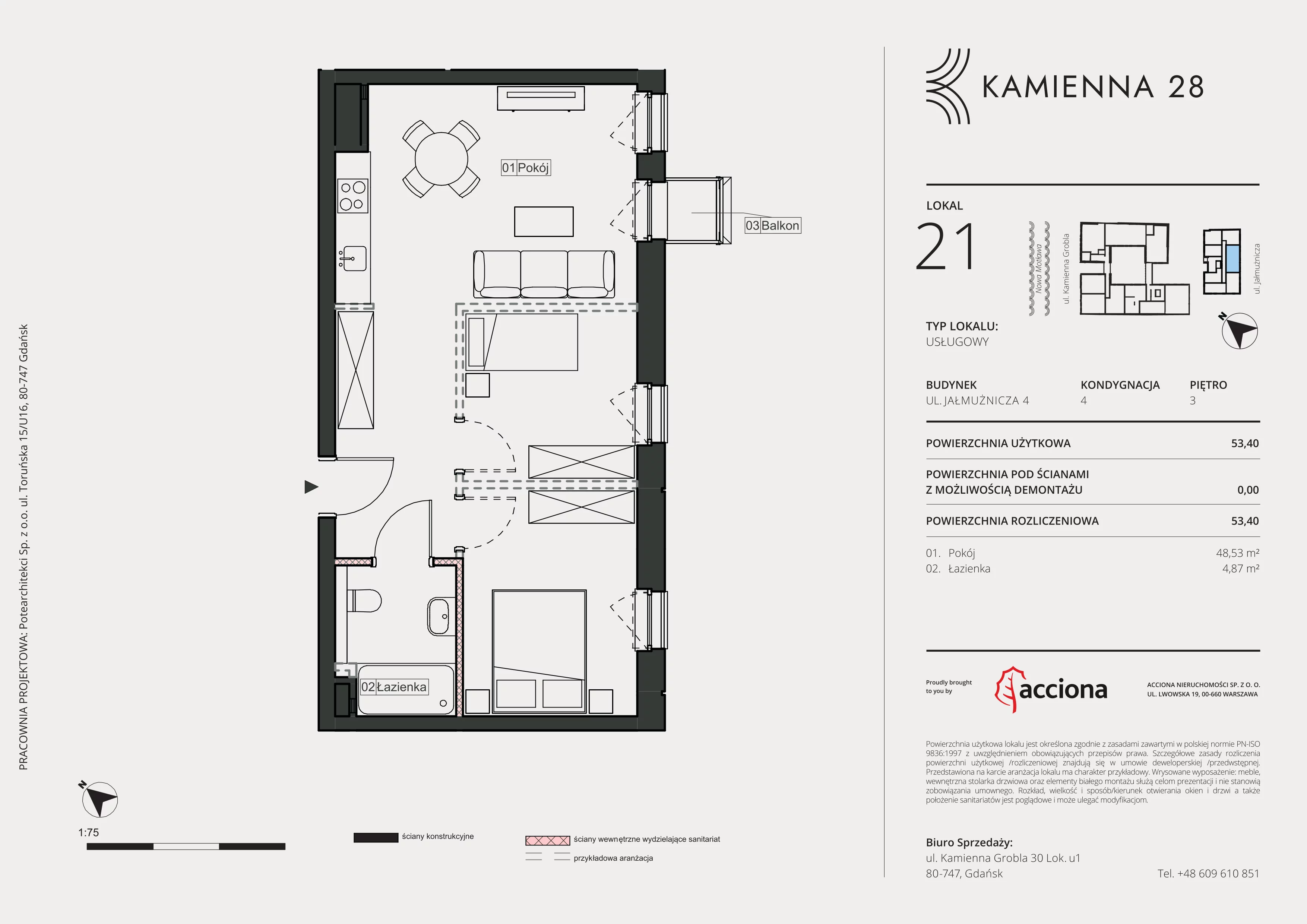 1 pokój, apartament inwestycyjny 53,40 m², piętro 3, oferta nr 4.21, Kamienna 28 - apartamenty inwestycyjne, Gdańsk, Śródmieście, Dolne Miasto, ul. Jałmużnicza 4