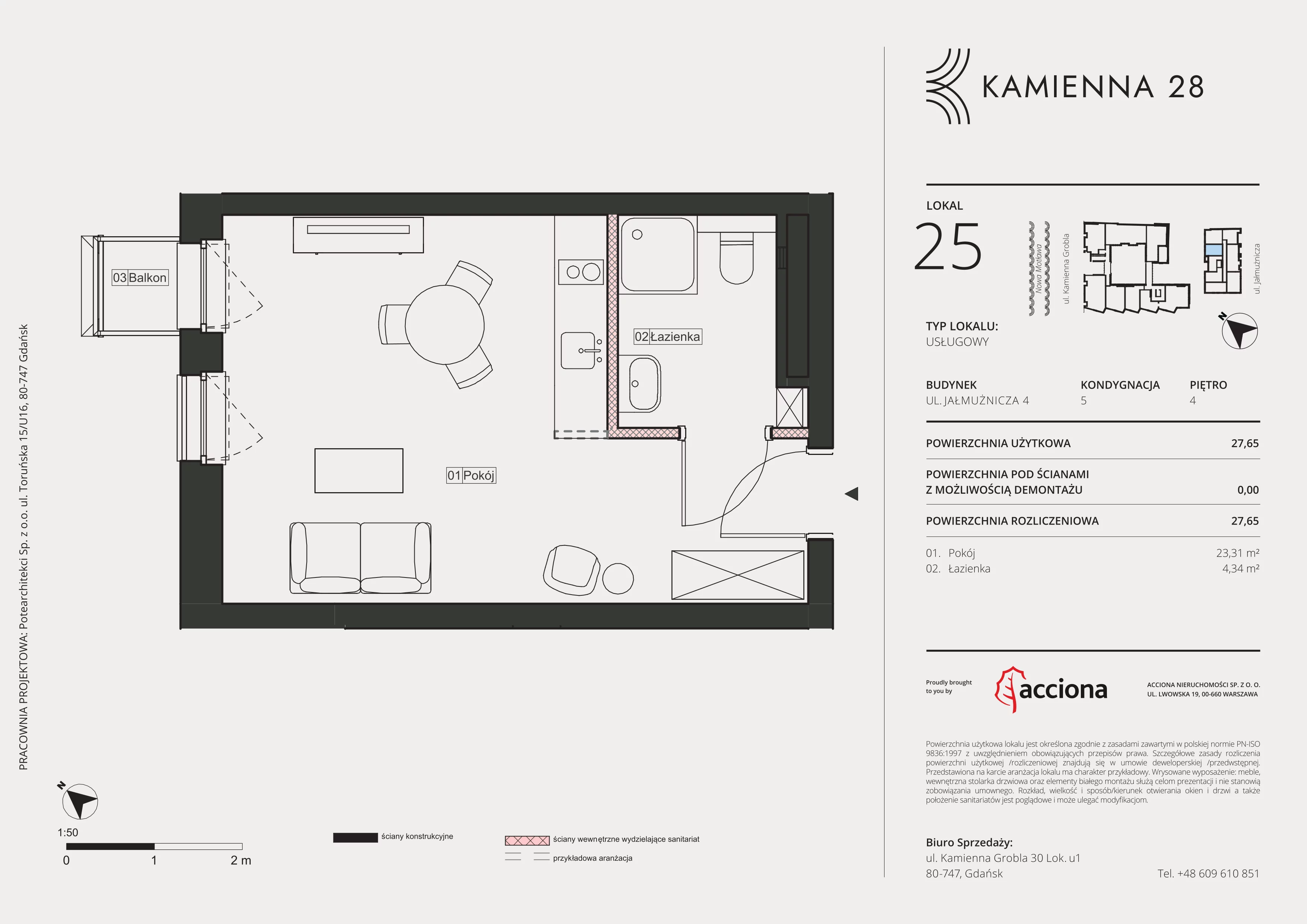 1 pokój, apartament inwestycyjny 27,65 m², piętro 4, oferta nr 4.25, Kamienna 28 - apartamenty inwestycyjne, Gdańsk, Śródmieście, Dolne Miasto, ul. Jałmużnicza 4