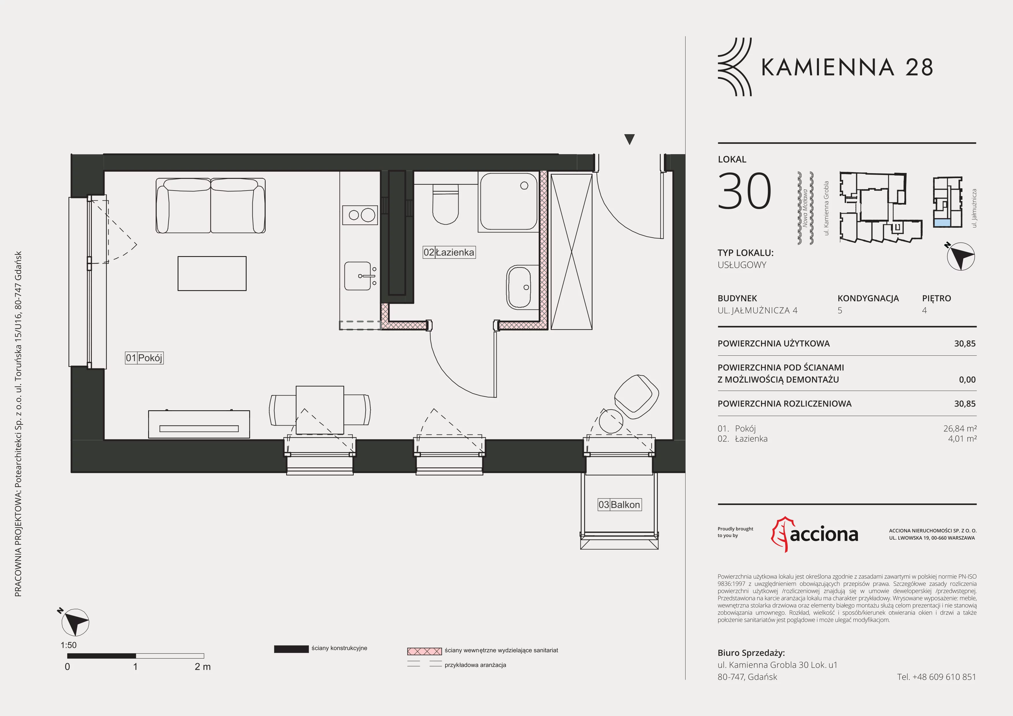 1 pokój, apartament inwestycyjny 30,85 m², piętro 4, oferta nr 4.30, Kamienna 28 - apartamenty inwestycyjne, Gdańsk, Śródmieście, Dolne Miasto, ul. Jałmużnicza 4