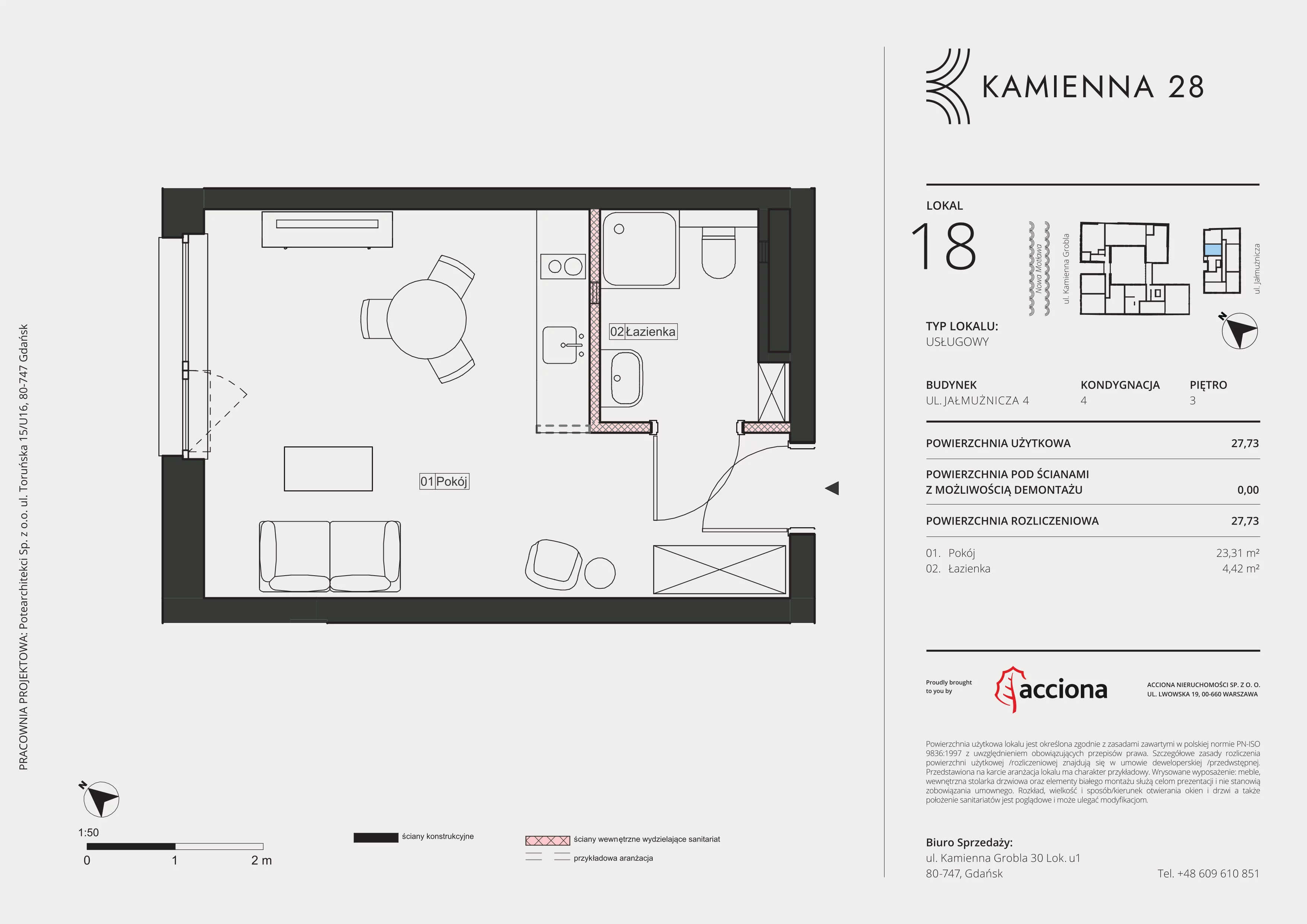 1 pokój, apartament inwestycyjny 27,73 m², piętro 3, oferta nr 4.18, Kamienna 28 - apartamenty inwestycyjne, Gdańsk, Śródmieście, Dolne Miasto, ul. Jałmużnicza 4