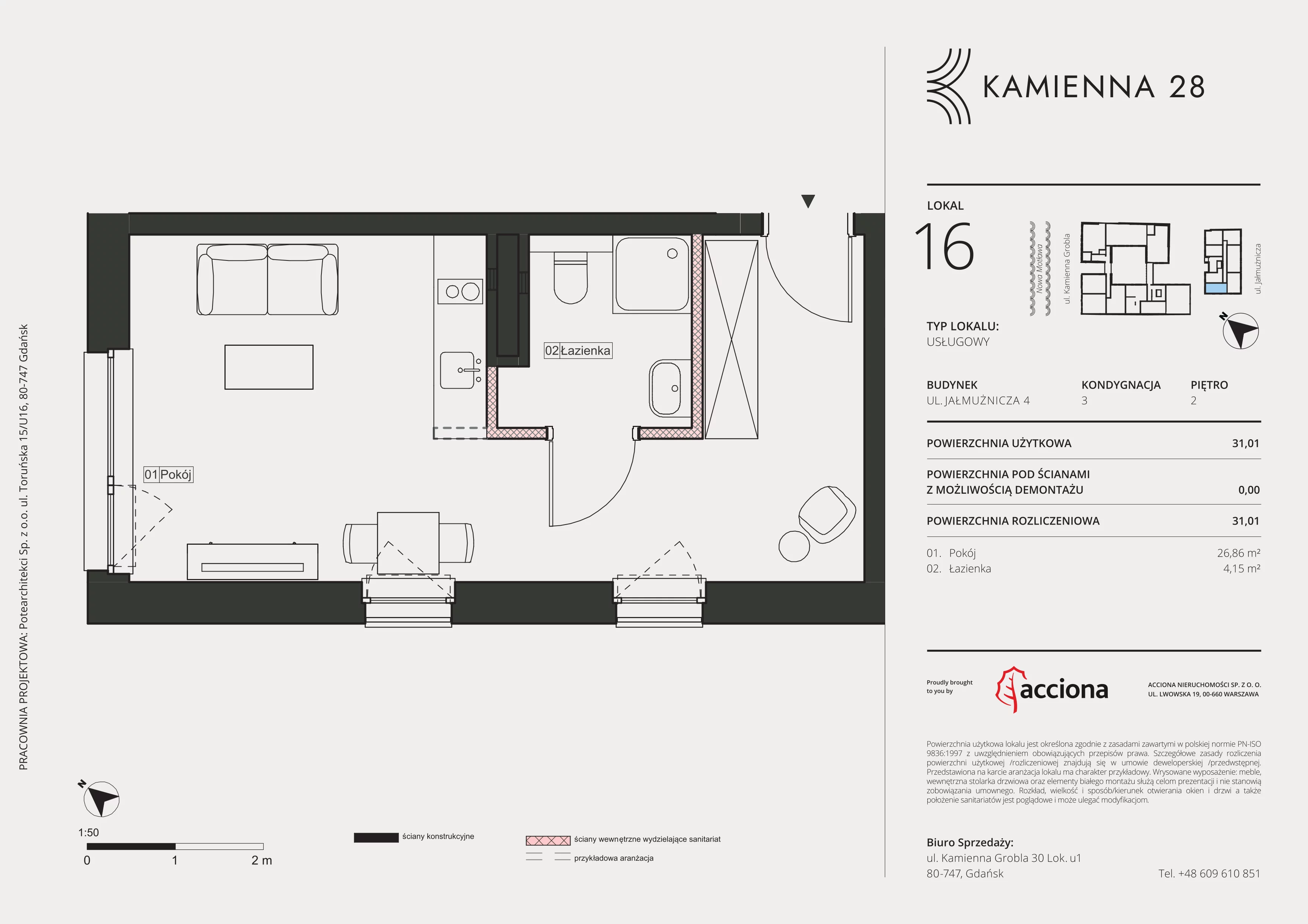 1 pokój, apartament inwestycyjny 31,01 m², piętro 2, oferta nr 4.16, Kamienna 28 - apartamenty inwestycyjne, Gdańsk, Śródmieście, Dolne Miasto, ul. Jałmużnicza 4