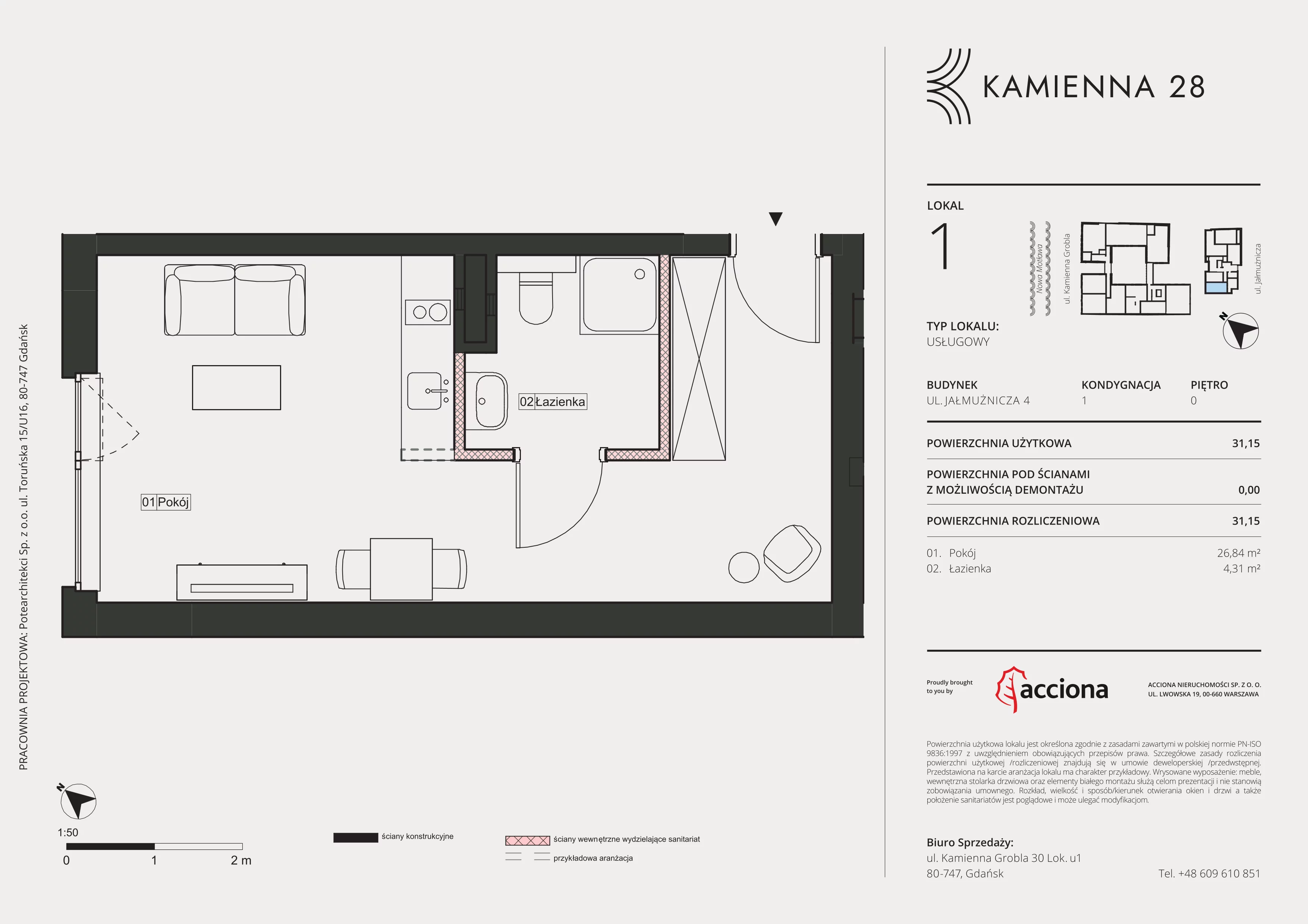 1 pokój, apartament inwestycyjny 31,15 m², parter, oferta nr 4.1, Kamienna 28 - apartamenty inwestycyjne, Gdańsk, Śródmieście, Dolne Miasto, ul. Jałmużnicza 4