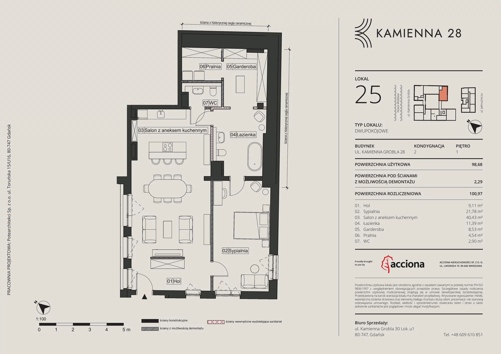 2 pokoje, mieszkanie 100,97 m², piętro 1, oferta nr 28.25, Kamienna 28, Gdańsk, Śródmieście, Dolne Miasto, ul. Kamienna Grobla 28