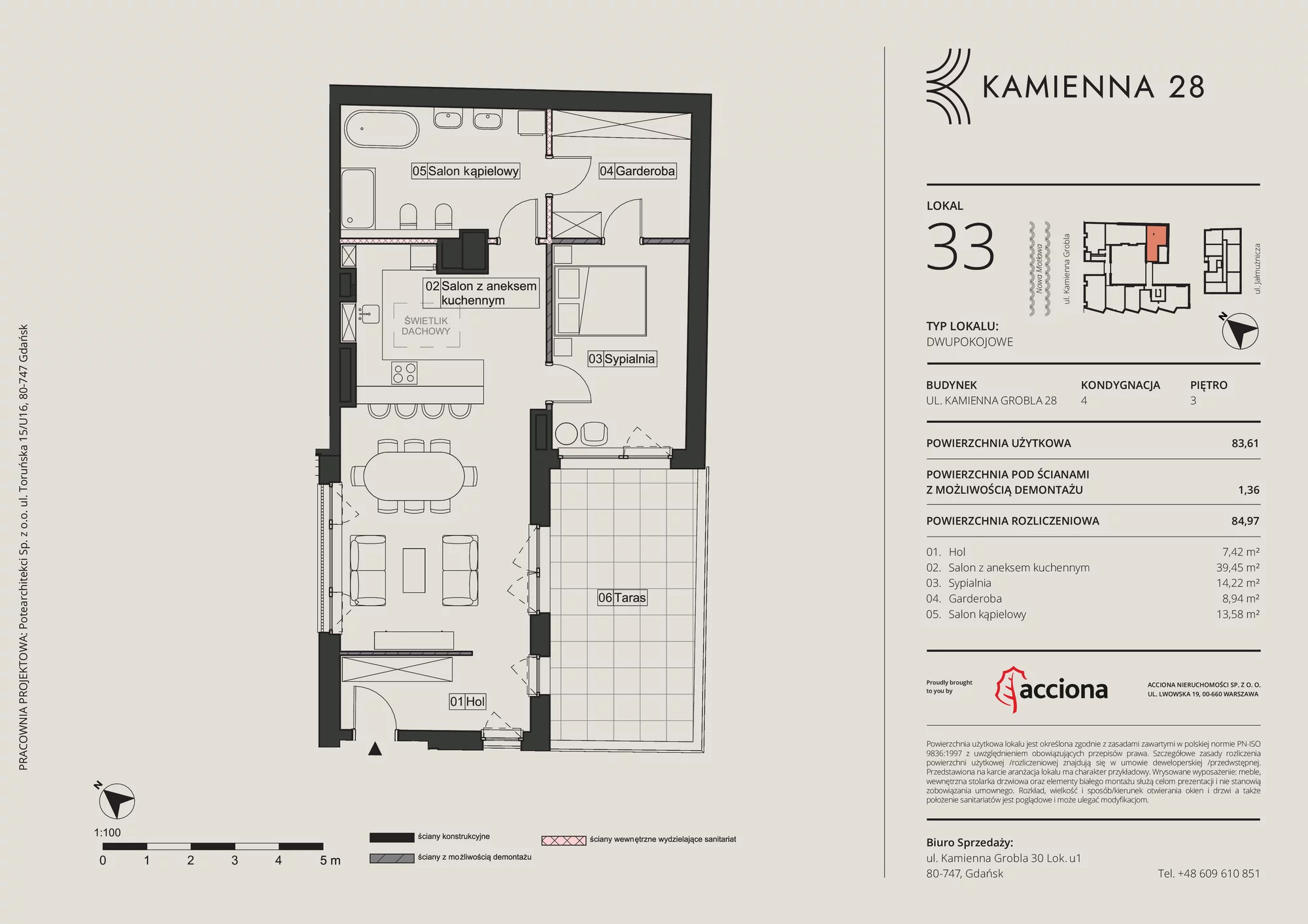 Mieszkanie 84,97 m², piętro 3, oferta nr 28.33, Kamienna 28, Gdańsk, Śródmieście, Dolne Miasto, ul. Kamienna Grobla 28/29