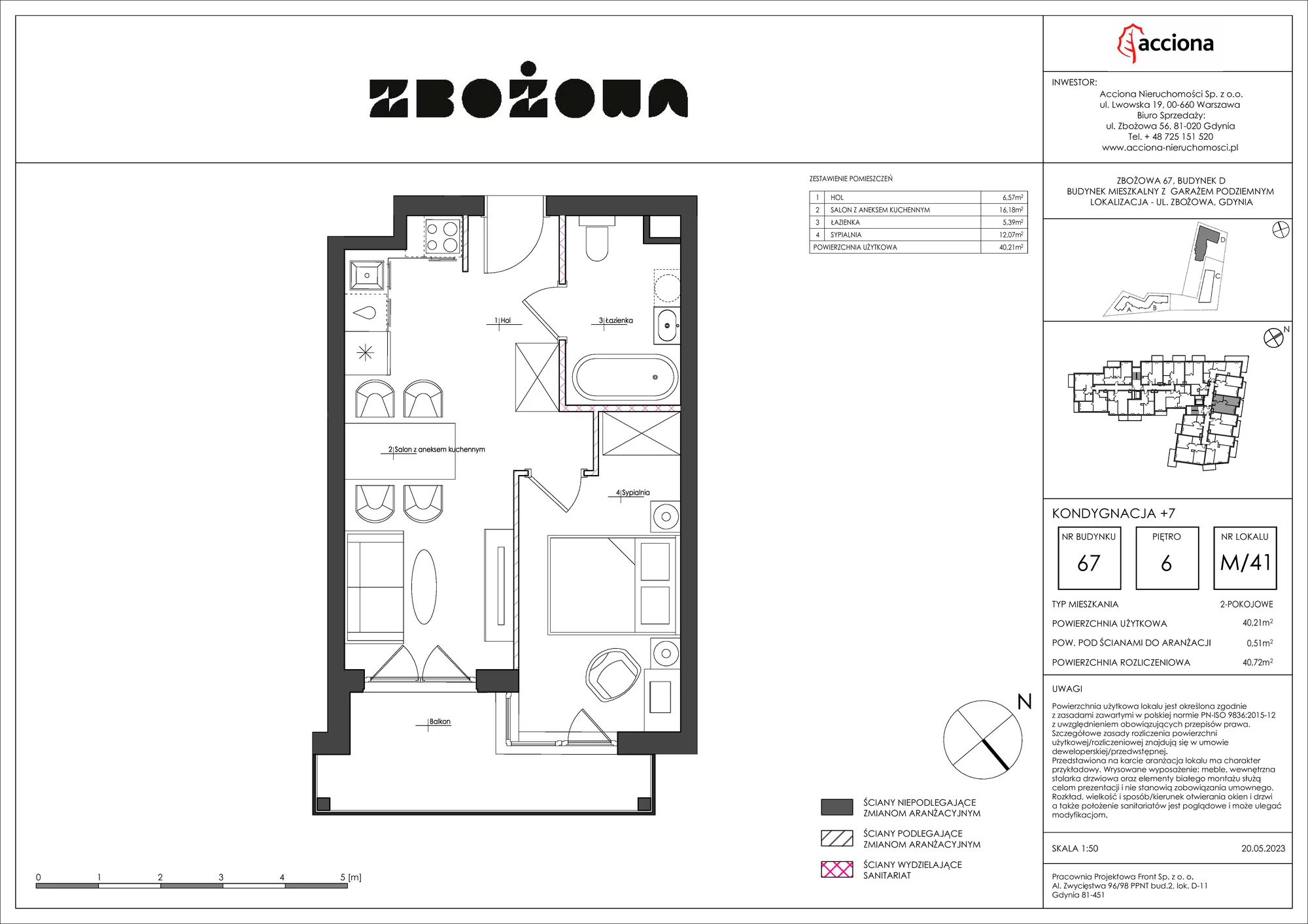 Mieszkanie 40,72 m², piętro 6, oferta nr 67.41, Zbożowa, Gdynia, Cisowa, ul. Zbożowa