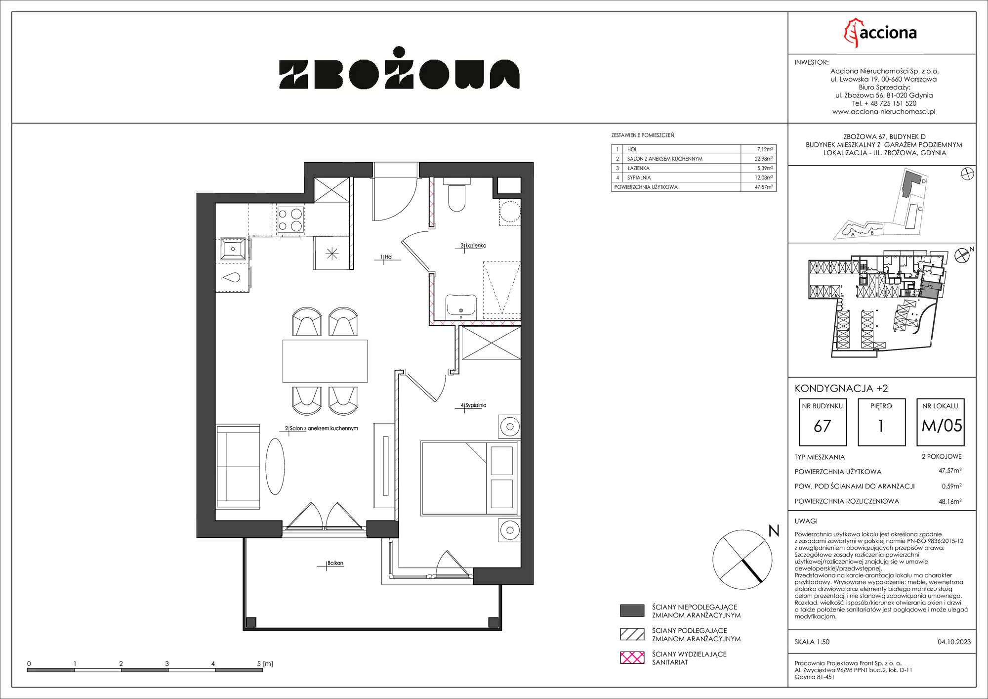 2 pokoje, apartament 48,16 m², piętro 1, oferta nr 67.5, Zbożowa, Gdynia, Cisowa, ul. Zbożowa