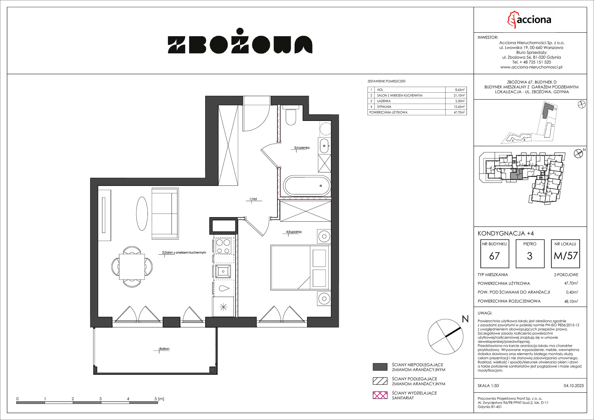 Mieszkanie 48,10 m², piętro 3, oferta nr 67.57, Zbożowa, Gdynia, Cisowa, ul. Zbożowa