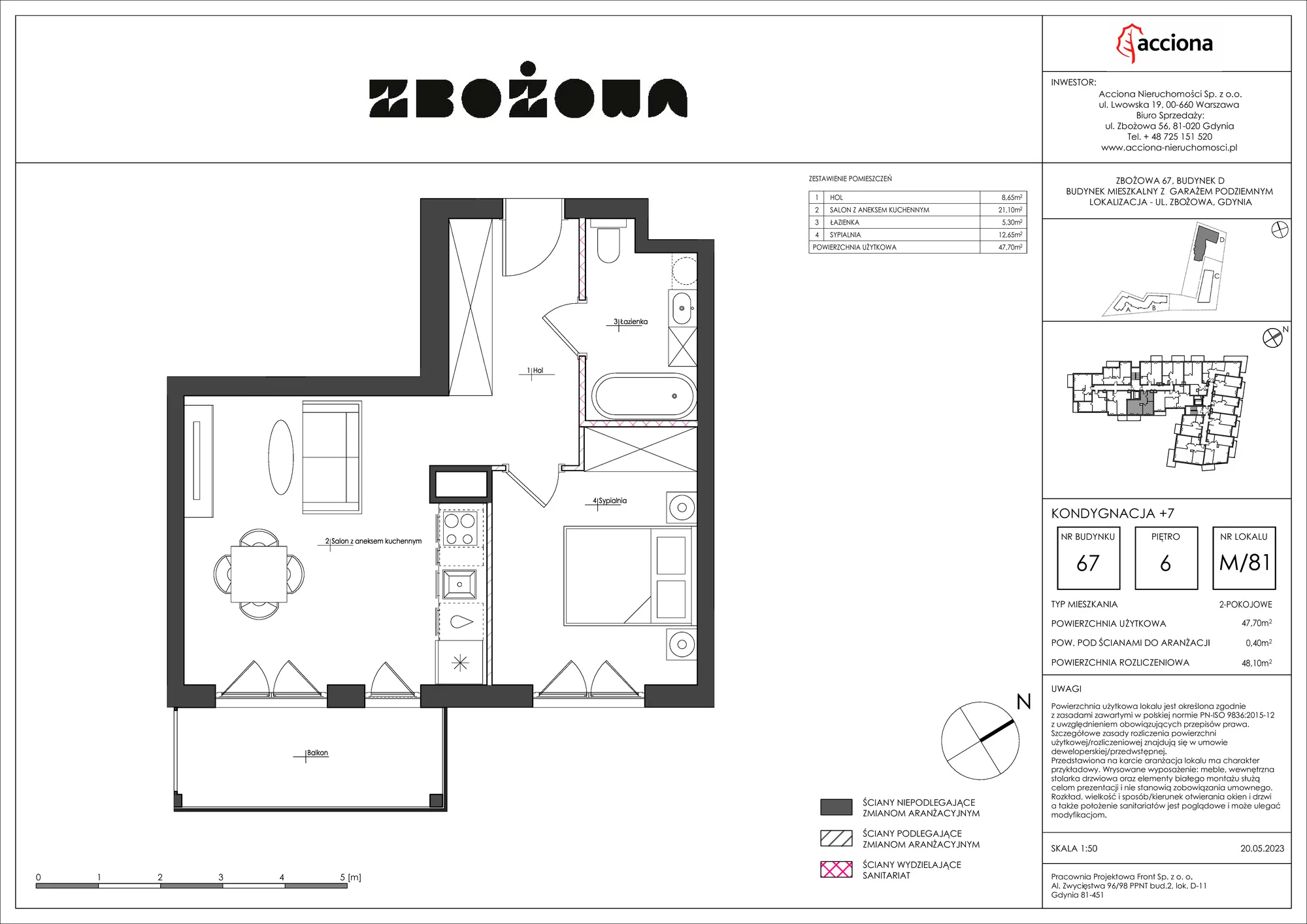Mieszkanie 48,10 m², piętro 6, oferta nr 67.81, Zbożowa, Gdynia, Cisowa, ul. Zbożowa