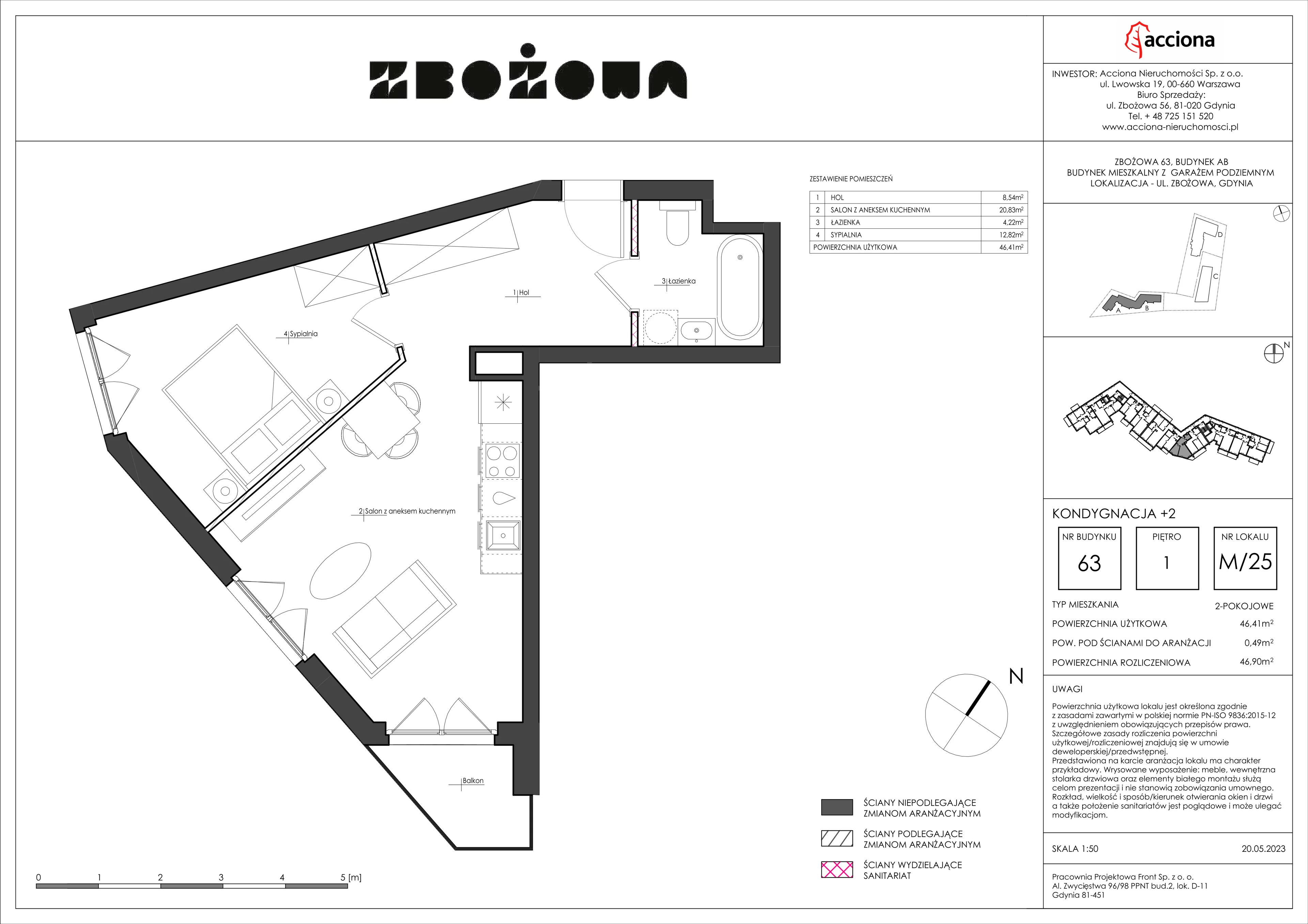 2 pokoje, mieszkanie 46,90 m², piętro 1, oferta nr 63.25, Zbożowa, Gdynia, Cisowa, ul. Zbożowa