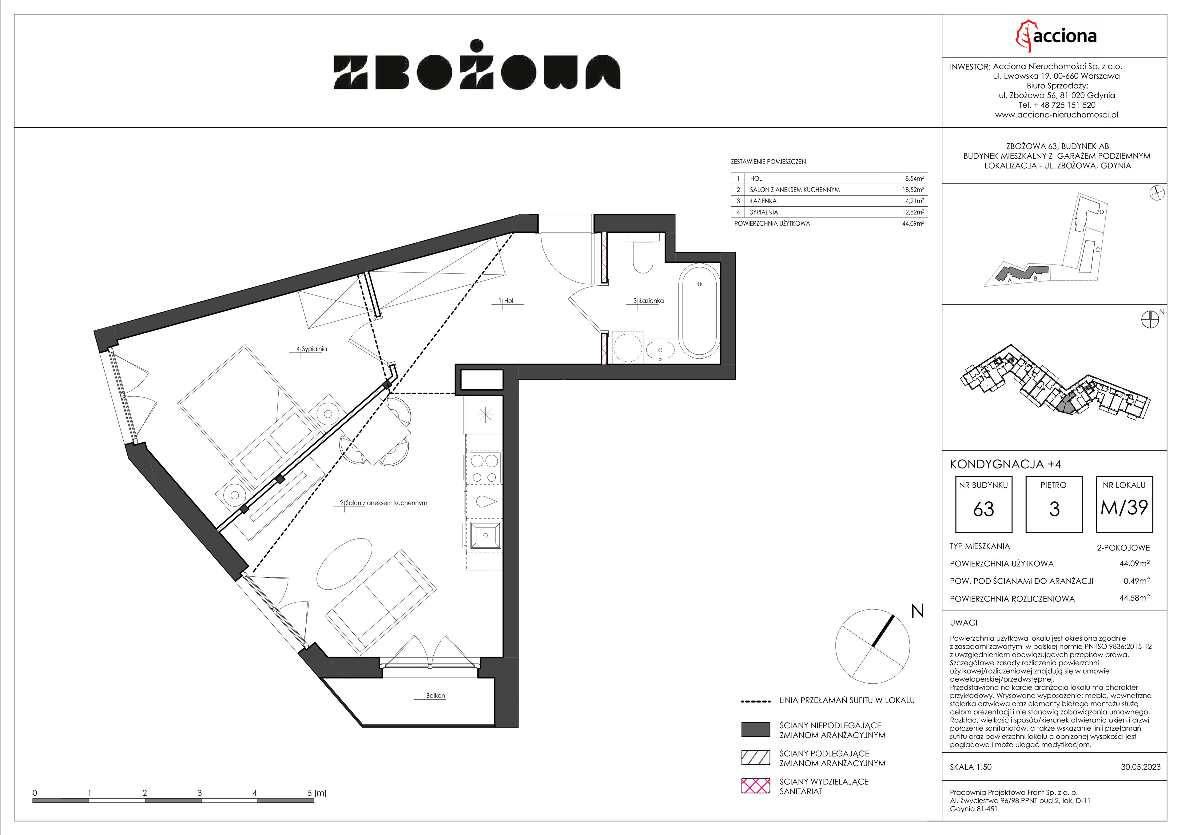 2 pokoje, mieszkanie 44,58 m², piętro 3, oferta nr 63.39, Zbożowa, Gdynia, Cisowa, ul. Zbożowa