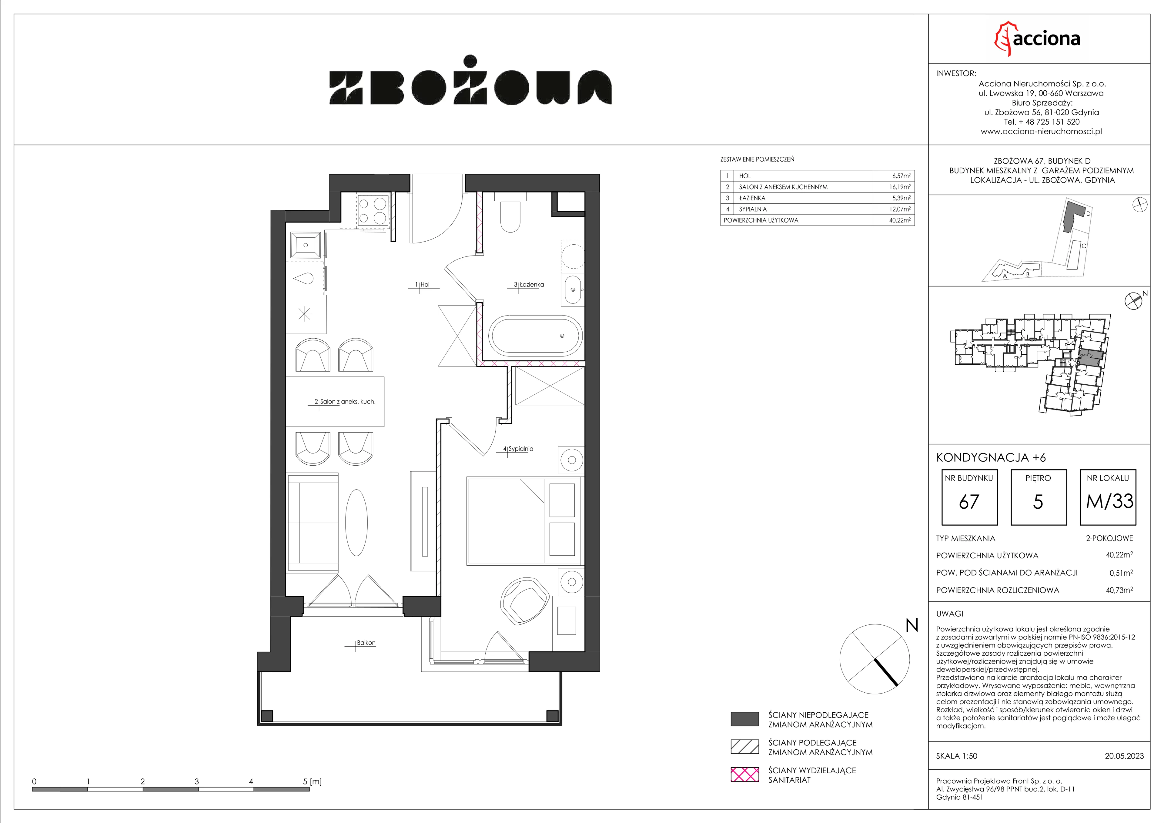 2 pokoje, mieszkanie 40,73 m², piętro 5, oferta nr 67.33, Zbożowa, Gdynia, Cisowa, ul. Zbożowa