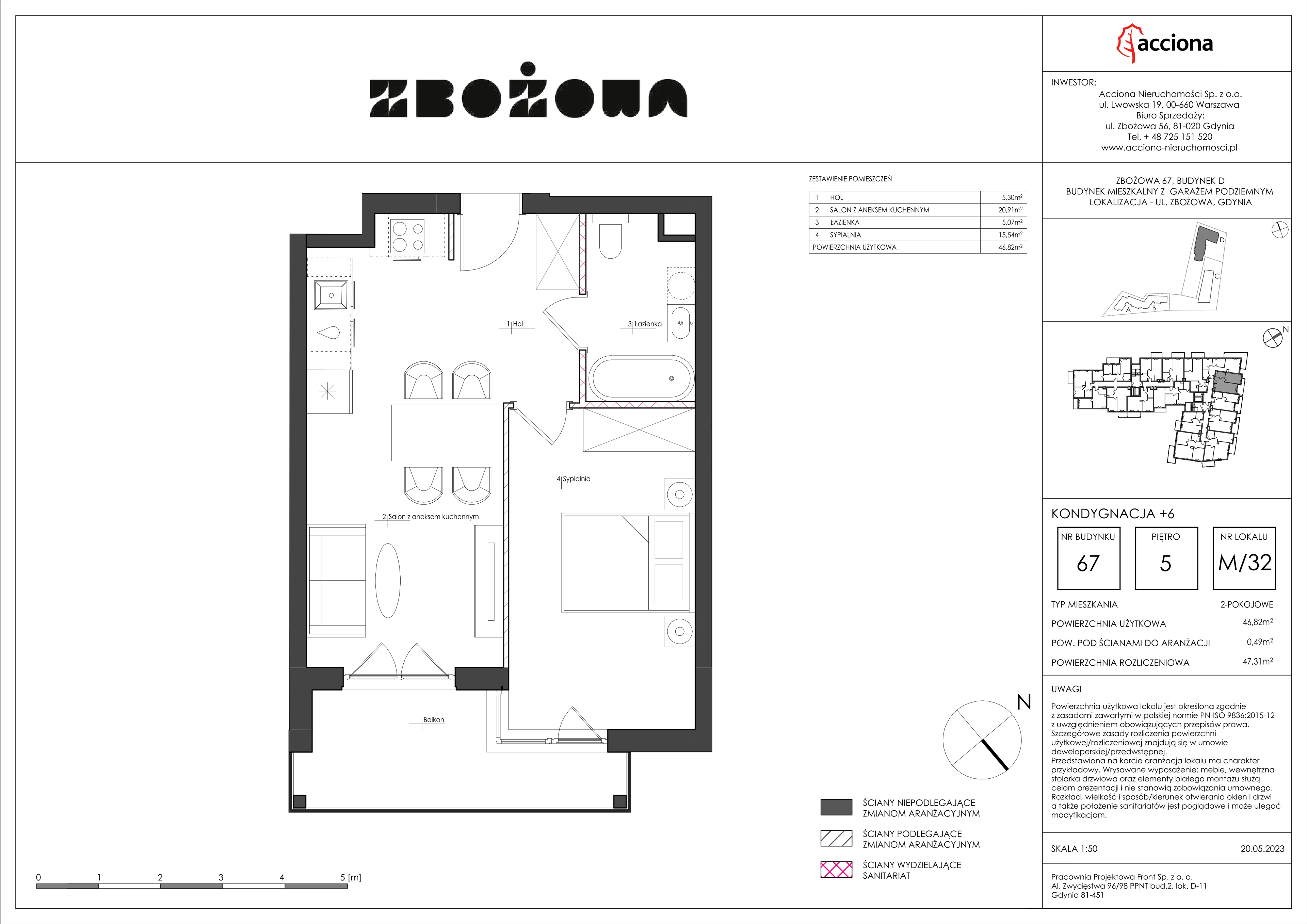 2 pokoje, mieszkanie 47,31 m², piętro 5, oferta nr 67.32, Zbożowa, Gdynia, Cisowa, ul. Zbożowa