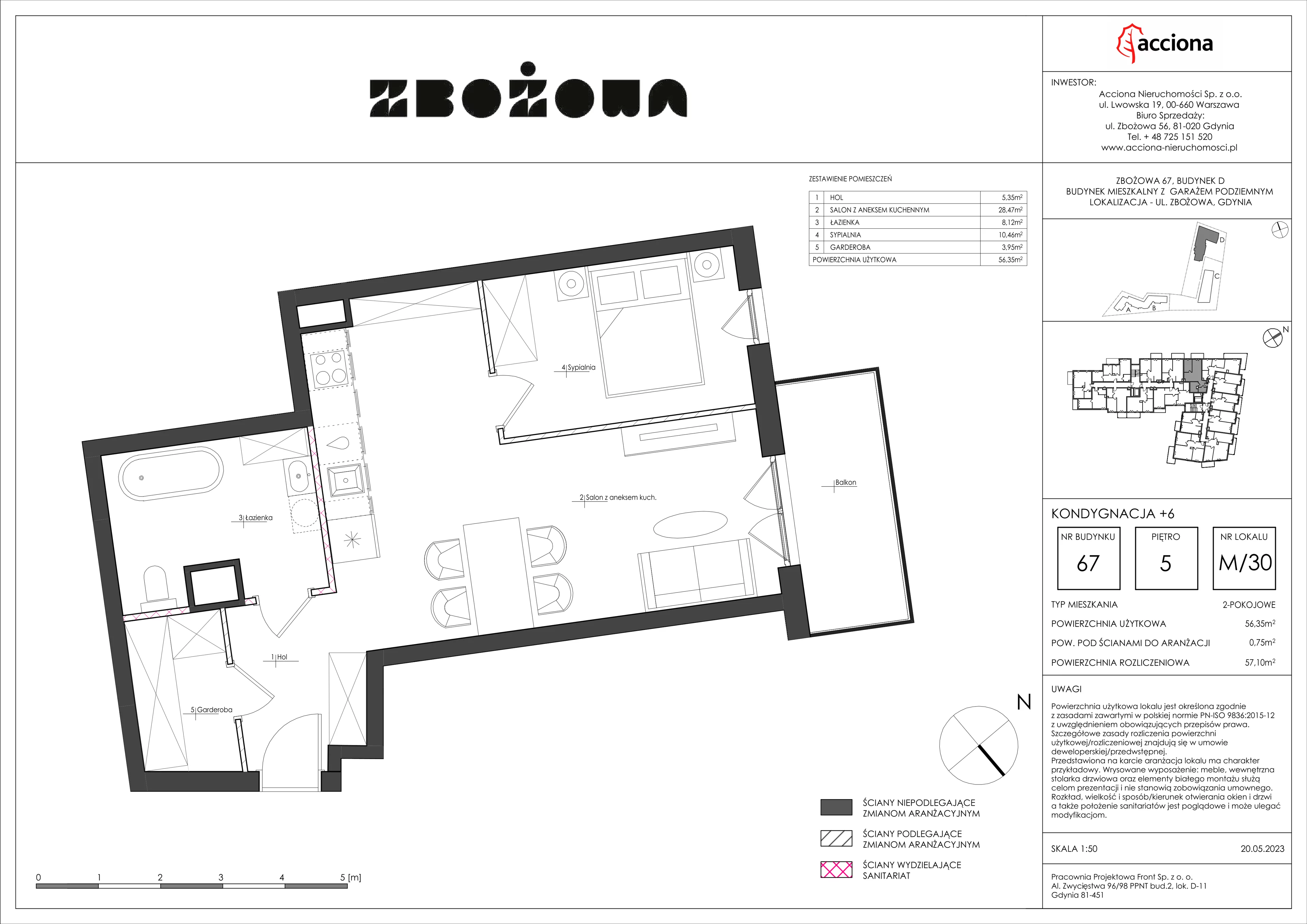 2 pokoje, mieszkanie 57,10 m², piętro 5, oferta nr 67.30, Zbożowa, Gdynia, Cisowa, ul. Zbożowa