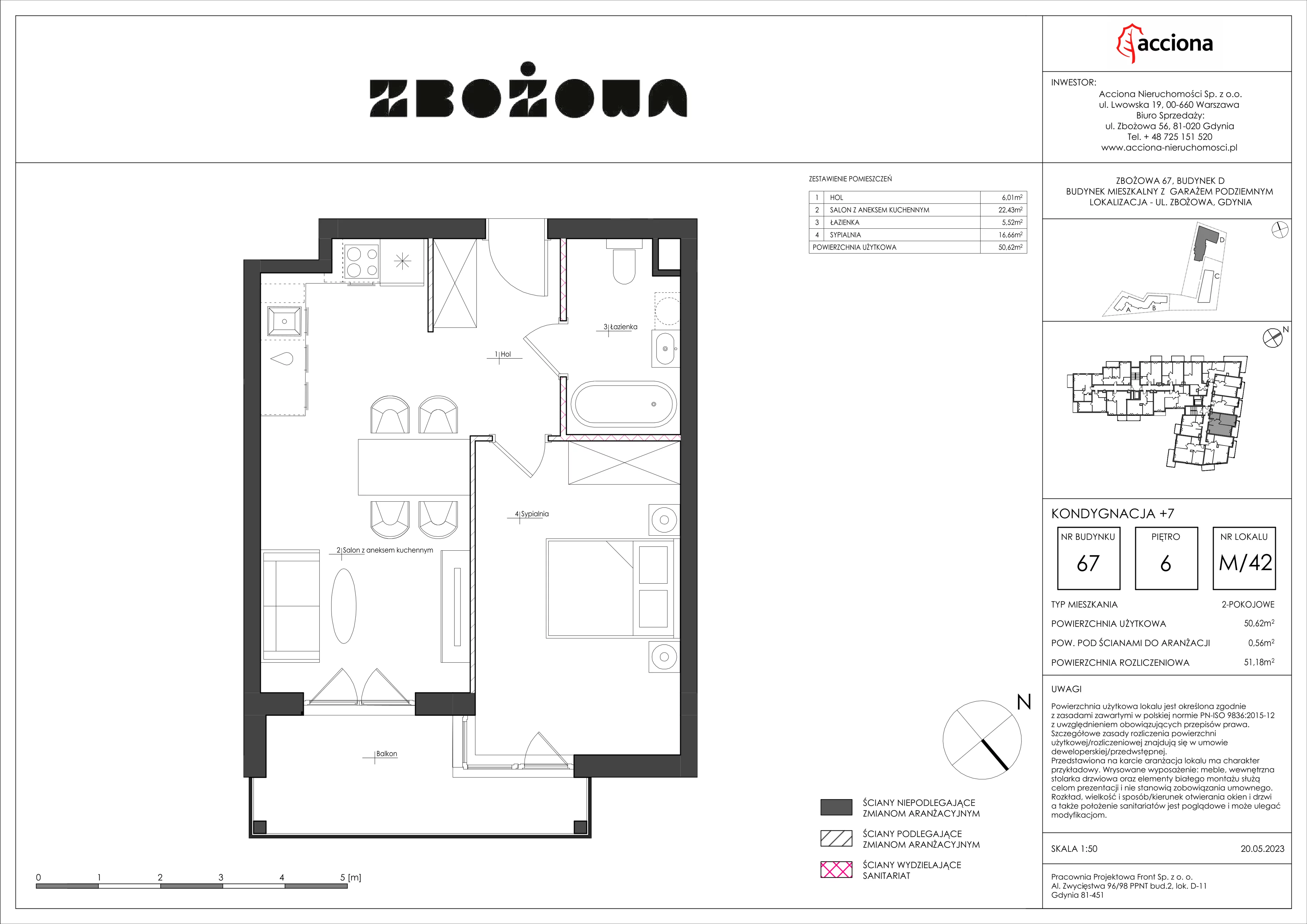 2 pokoje, mieszkanie 51,18 m², piętro 6, oferta nr 67.42, Zbożowa, Gdynia, Cisowa, ul. Zbożowa