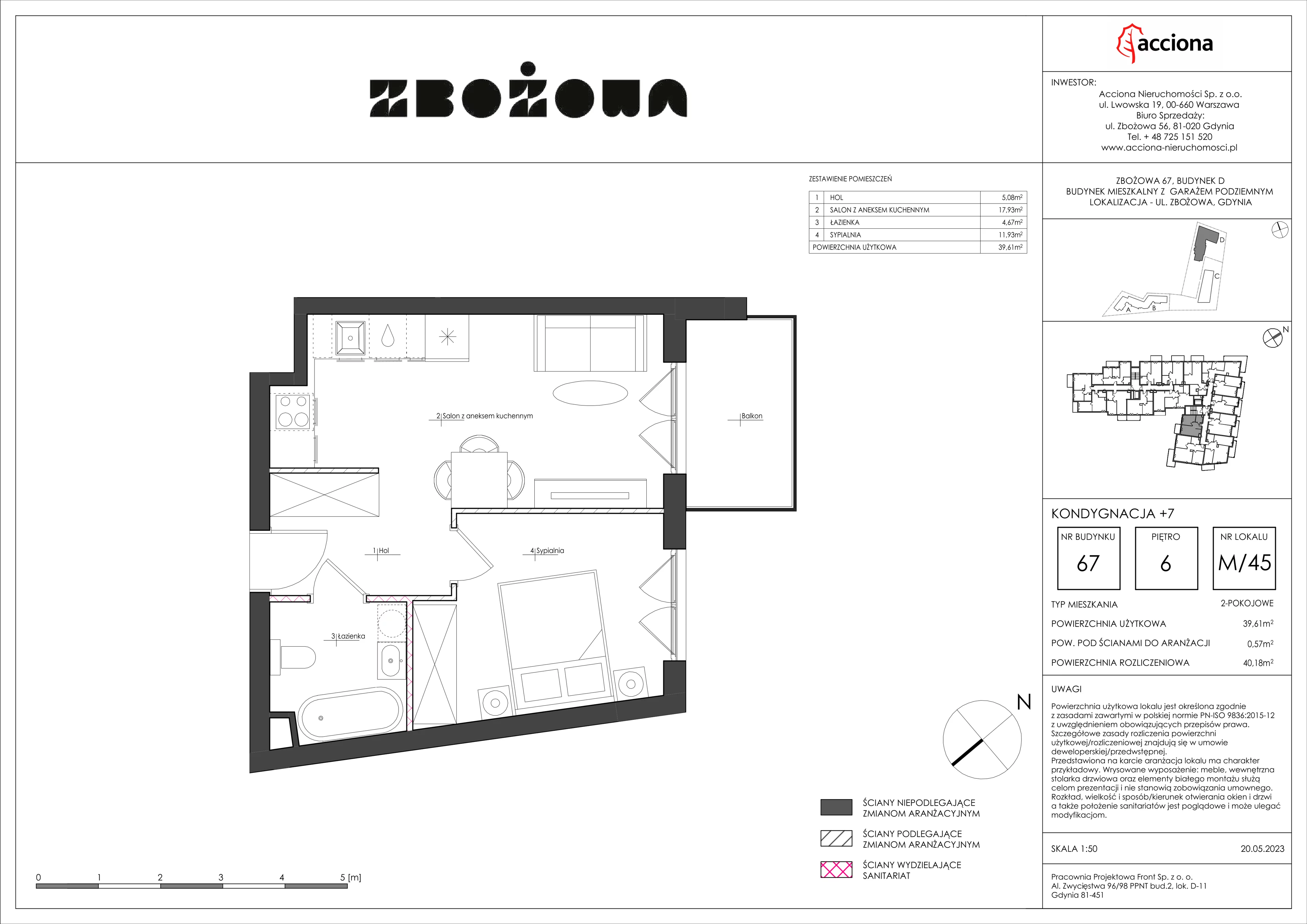 2 pokoje, mieszkanie 40,18 m², piętro 6, oferta nr 67.45, Zbożowa, Gdynia, Cisowa, ul. Zbożowa