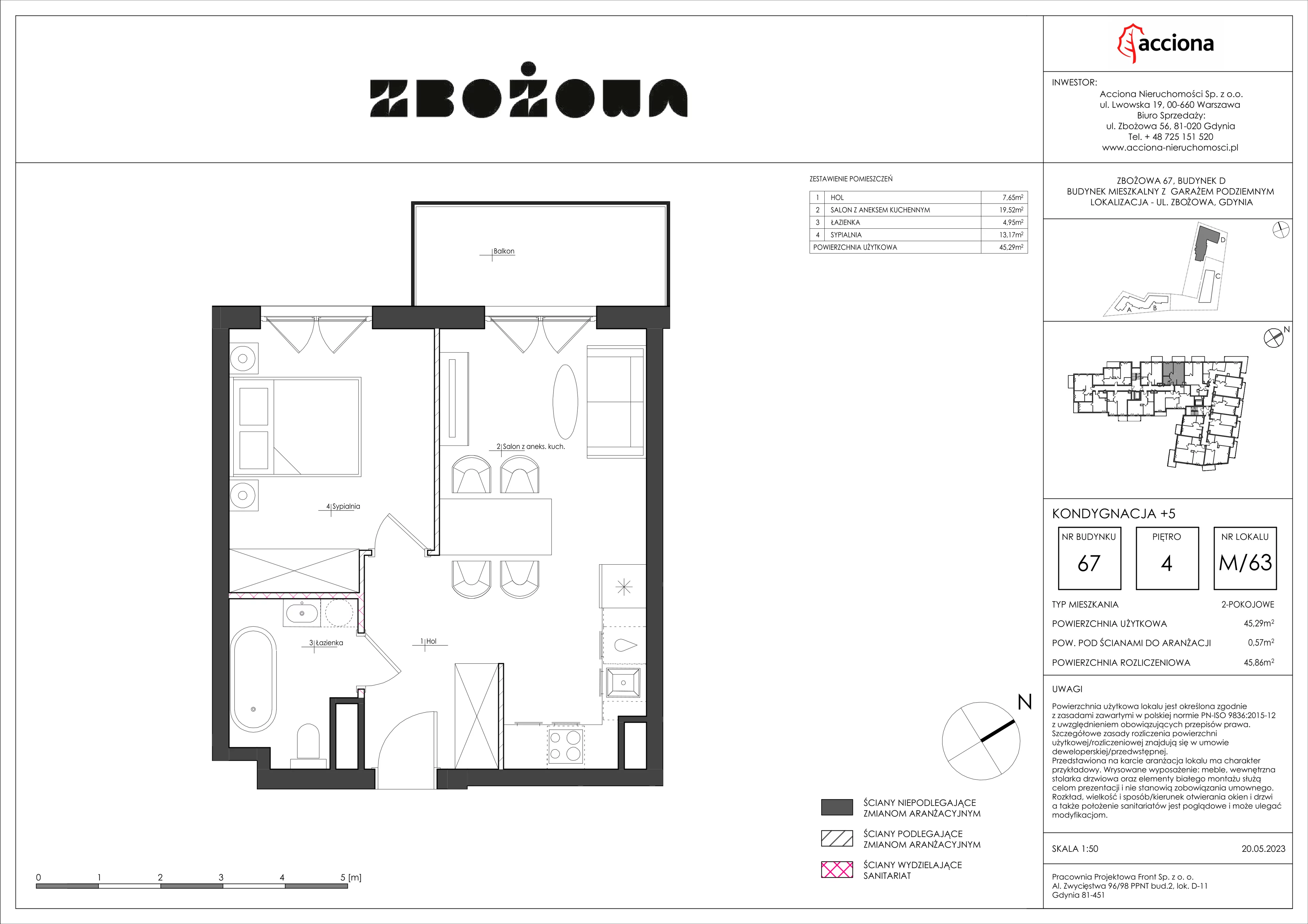 2 pokoje, mieszkanie 45,86 m², piętro 4, oferta nr 67.63, Zbożowa, Gdynia, Cisowa, ul. Zbożowa