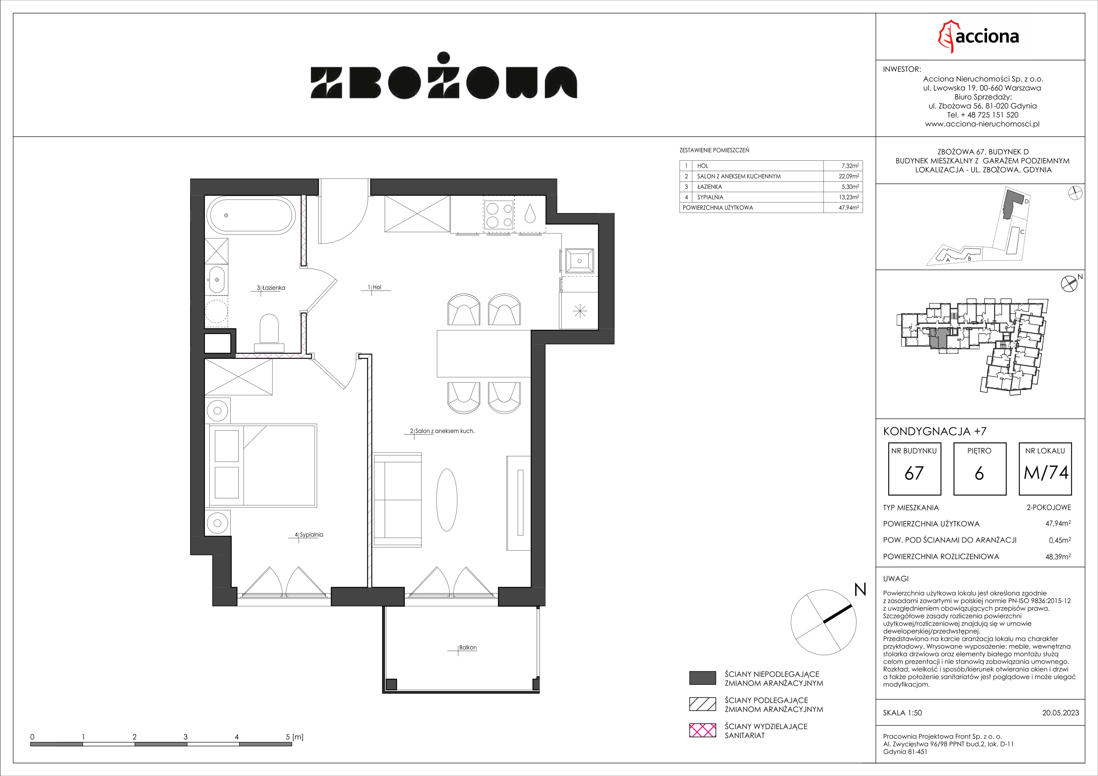 2 pokoje, mieszkanie 48,39 m², piętro 6, oferta nr 67.74, Zbożowa, Gdynia, Cisowa, ul. Zbożowa