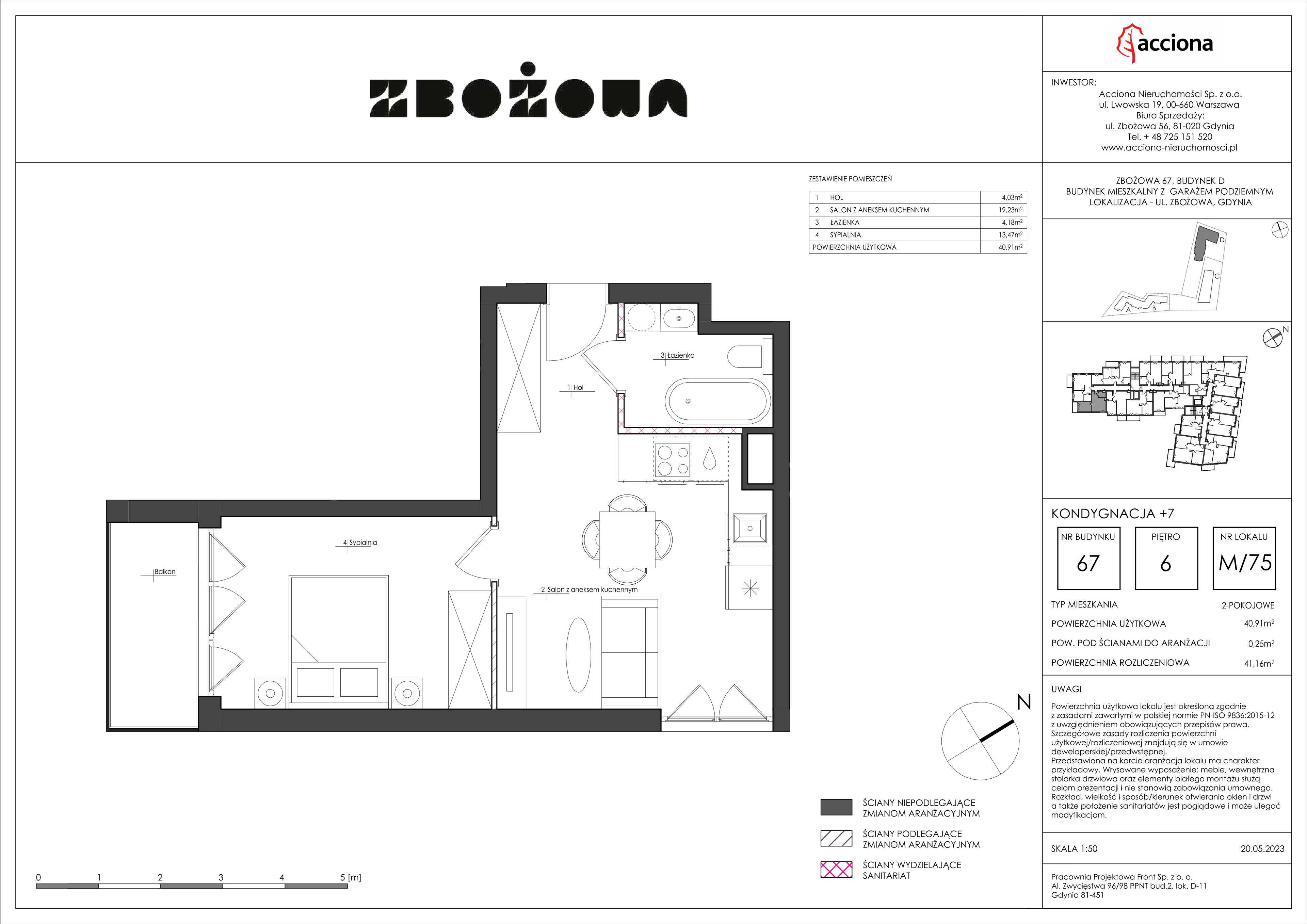 2 pokoje, mieszkanie 41,16 m², piętro 6, oferta nr 67.75, Zbożowa, Gdynia, Cisowa, ul. Zbożowa