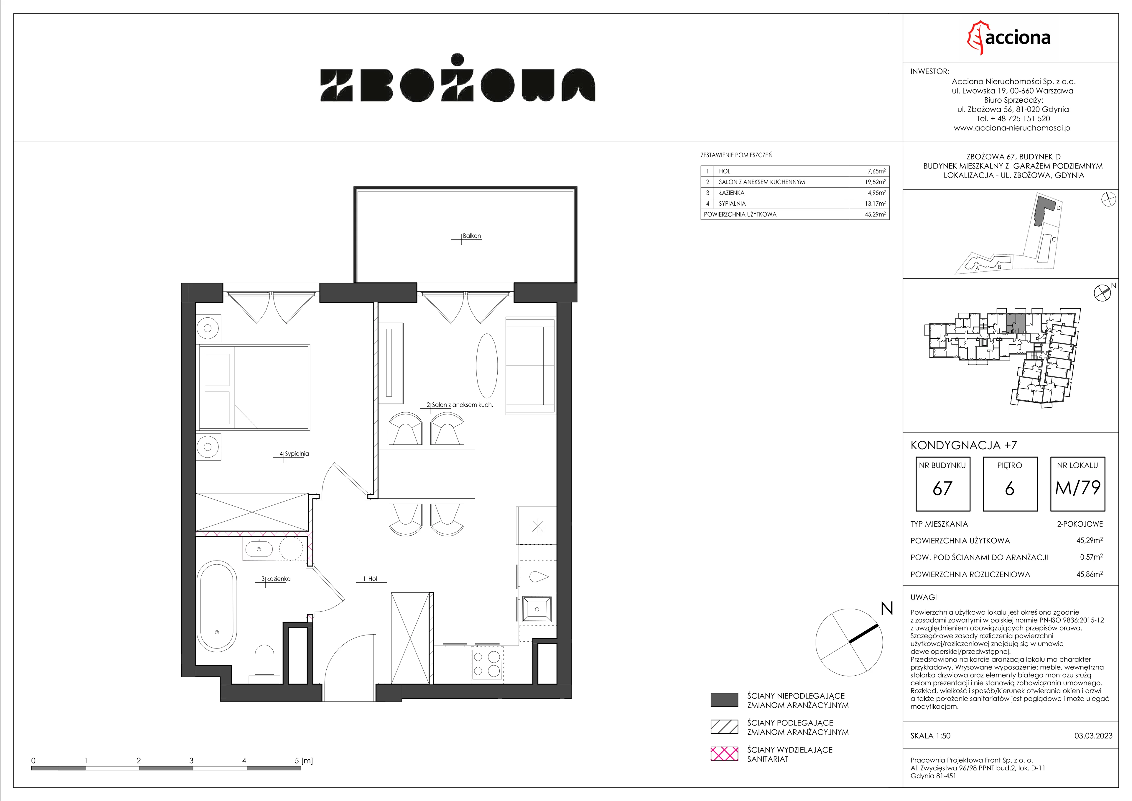 2 pokoje, mieszkanie 45,86 m², piętro 6, oferta nr 67.79, Zbożowa, Gdynia, Cisowa, ul. Zbożowa