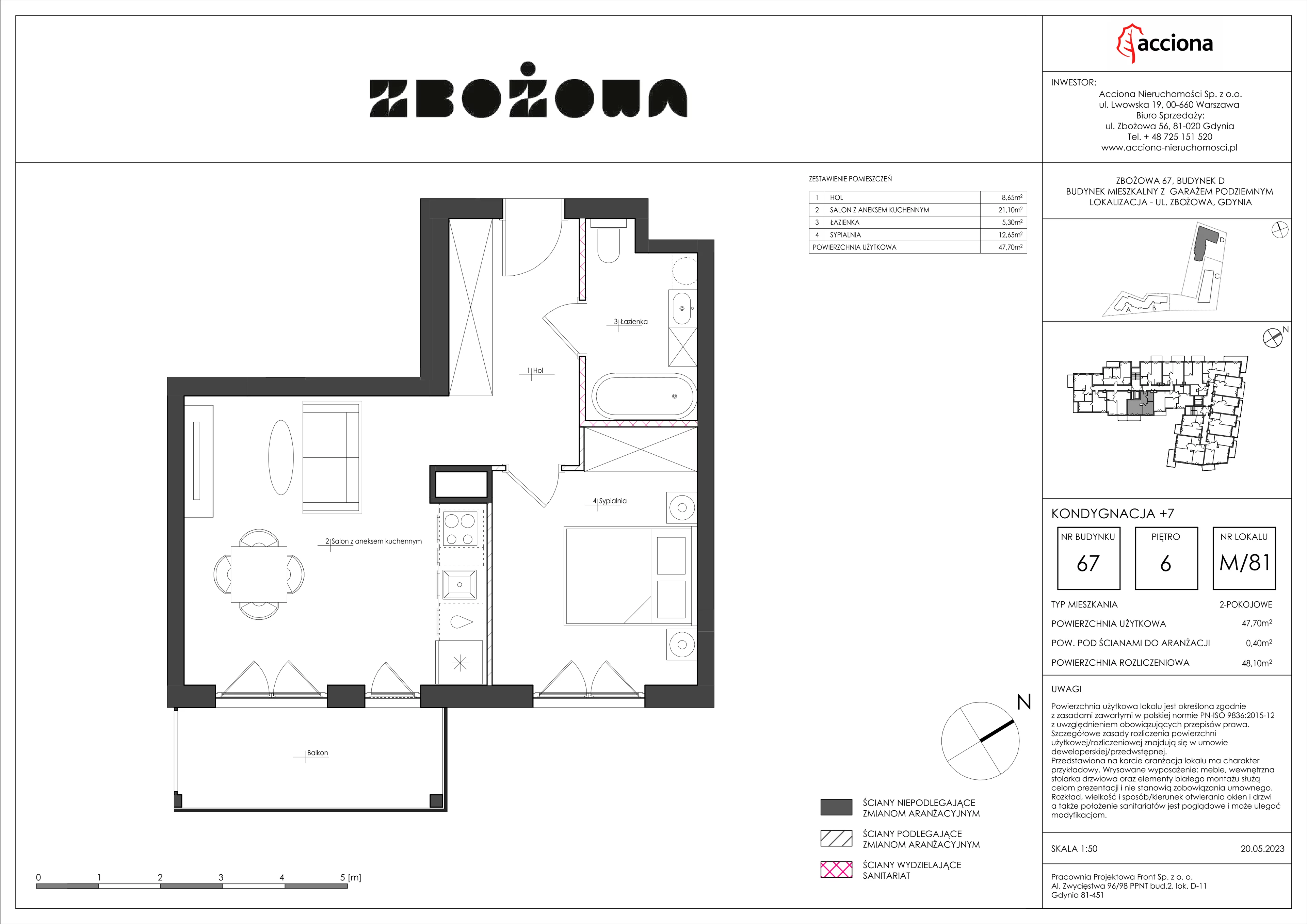 2 pokoje, mieszkanie 48,10 m², piętro 6, oferta nr 67.81, Zbożowa, Gdynia, Cisowa, ul. Zbożowa