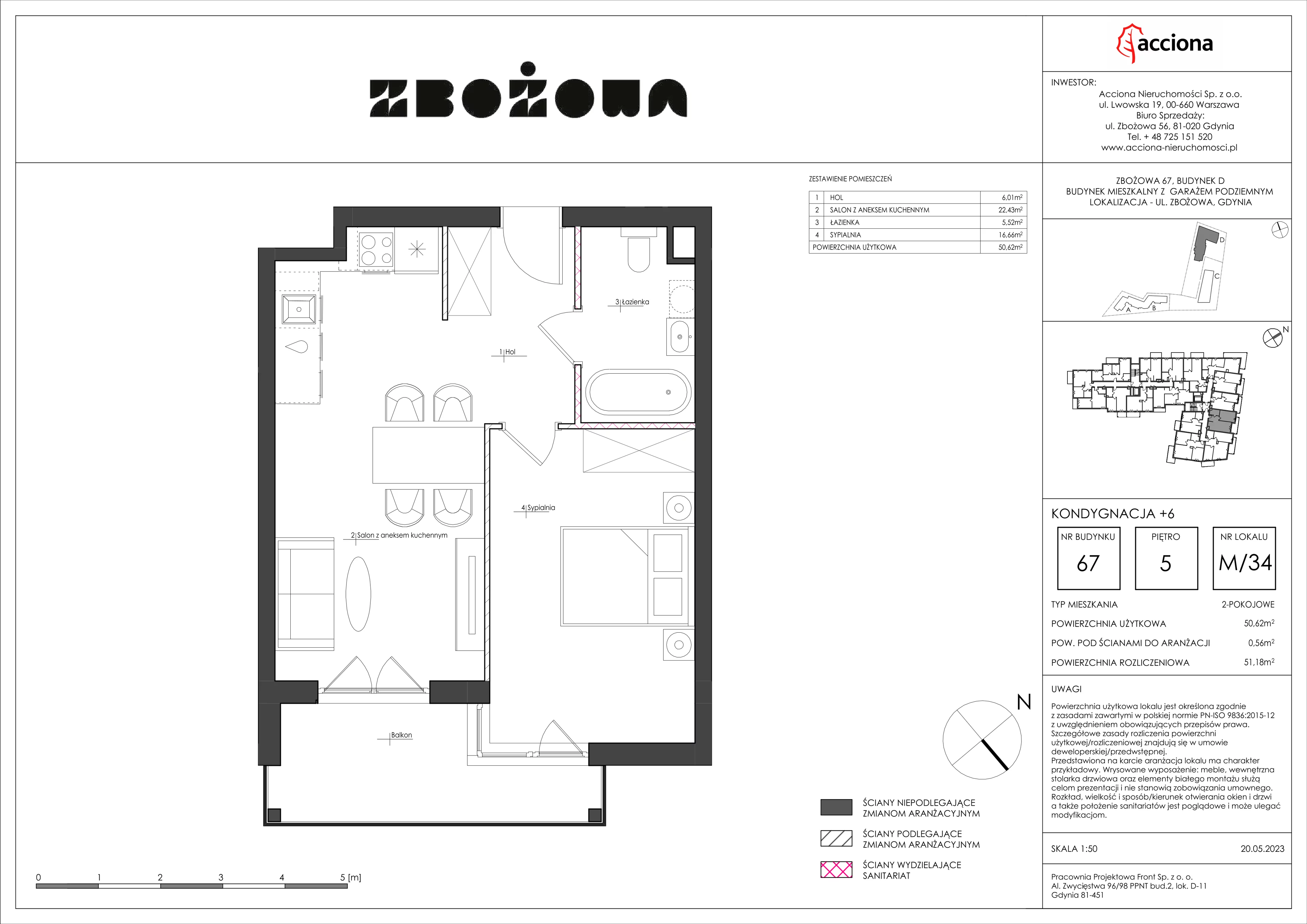2 pokoje, mieszkanie 51,18 m², piętro 5, oferta nr 67.34, Zbożowa, Gdynia, Cisowa, ul. Zbożowa