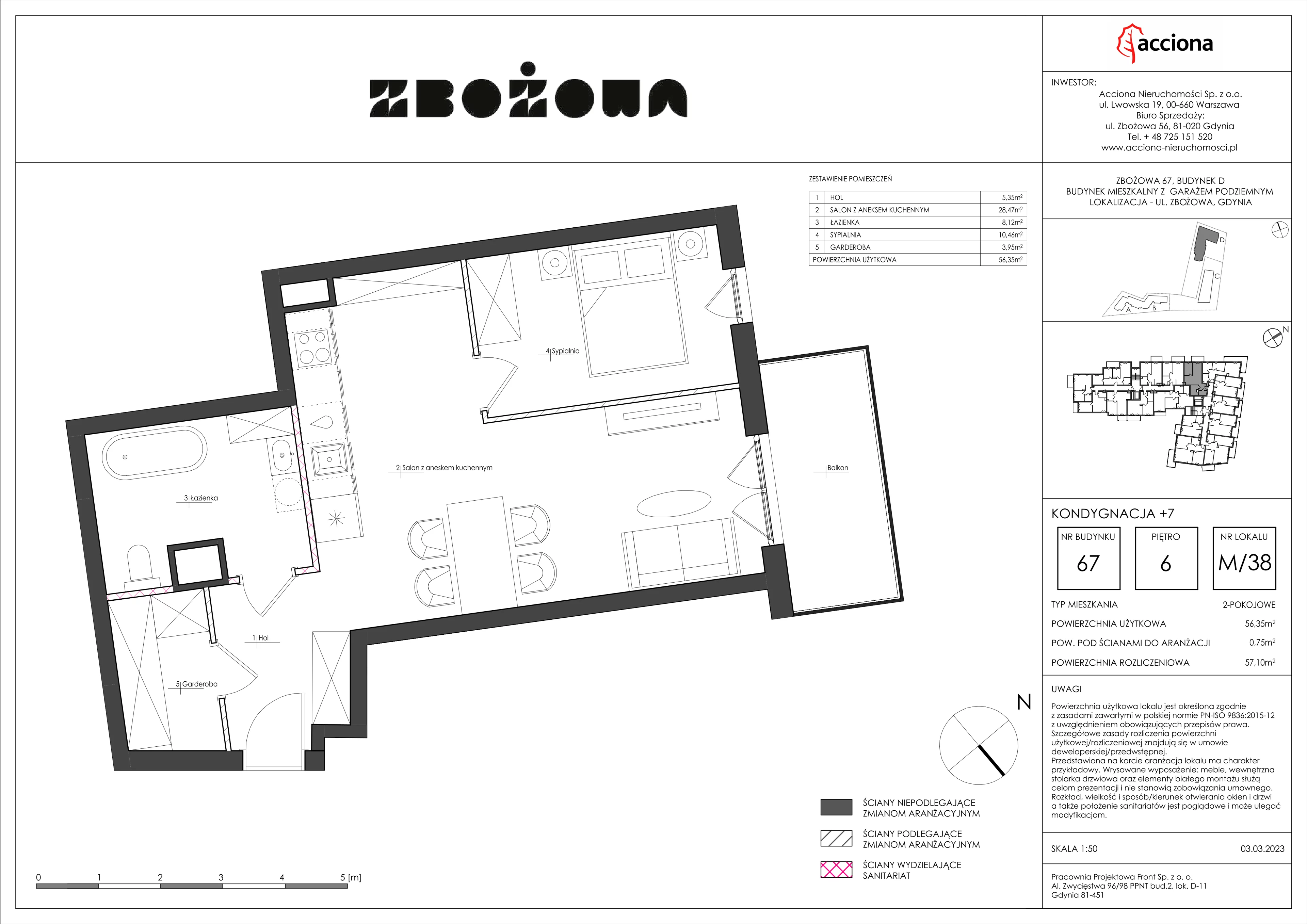 2 pokoje, mieszkanie 57,10 m², piętro 6, oferta nr 67.38, Zbożowa, Gdynia, Cisowa, ul. Zbożowa