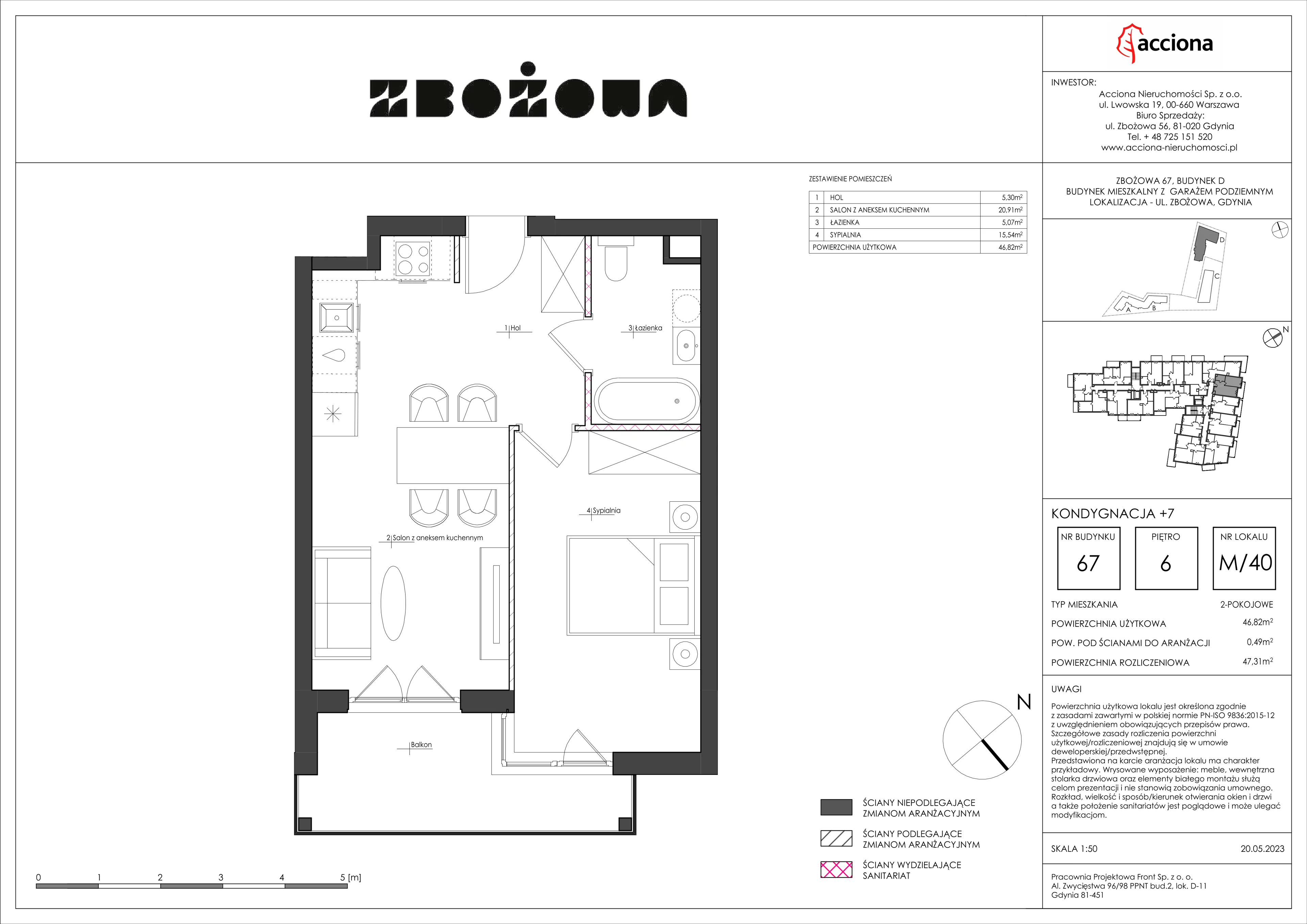 2 pokoje, mieszkanie 47,31 m², piętro 6, oferta nr 67.40, Zbożowa, Gdynia, Cisowa, ul. Zbożowa
