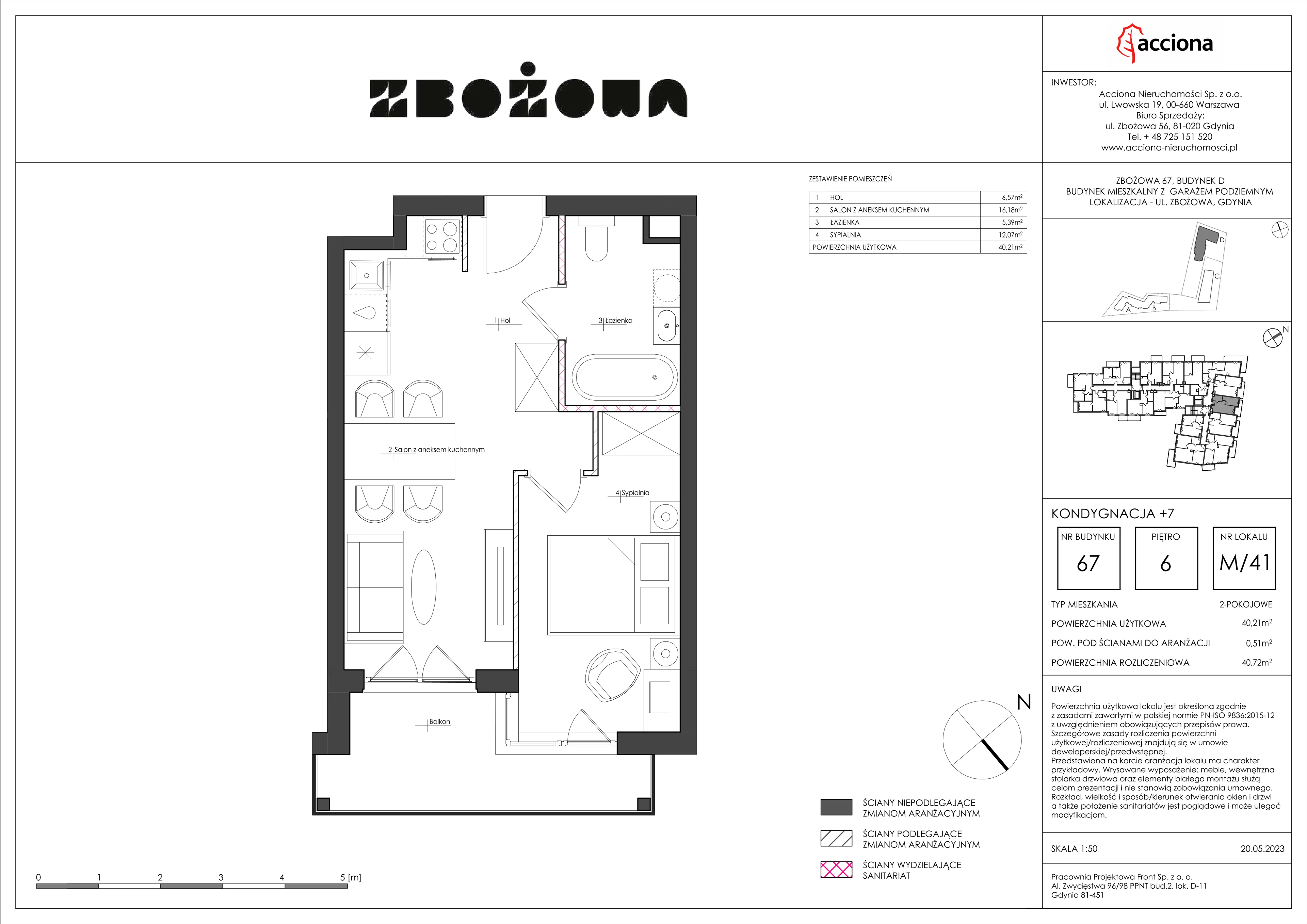 2 pokoje, mieszkanie 40,72 m², piętro 6, oferta nr 67.41, Zbożowa, Gdynia, Cisowa, ul. Zbożowa