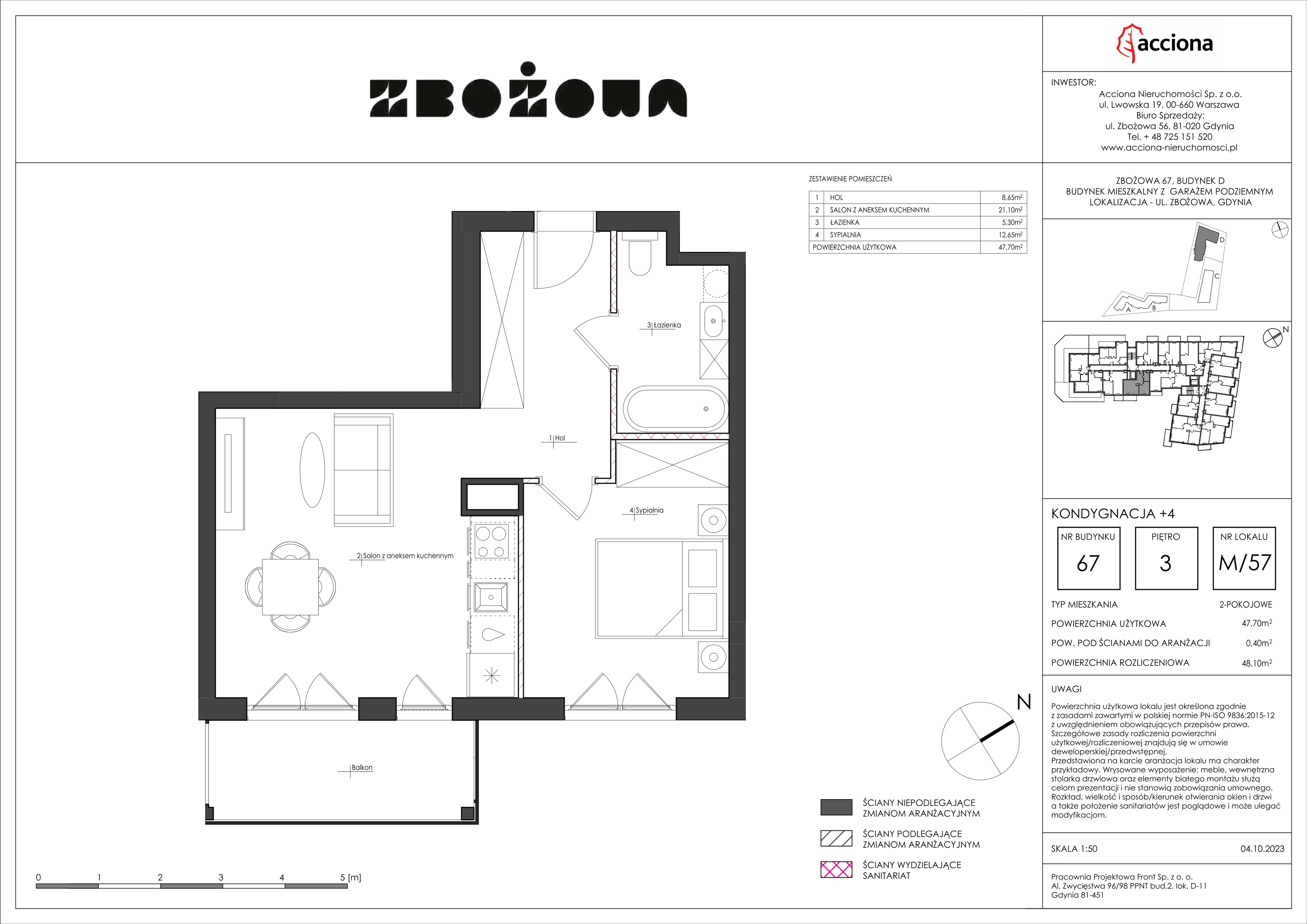 2 pokoje, mieszkanie 48,10 m², piętro 3, oferta nr 67.57, Zbożowa, Gdynia, Cisowa, ul. Zbożowa