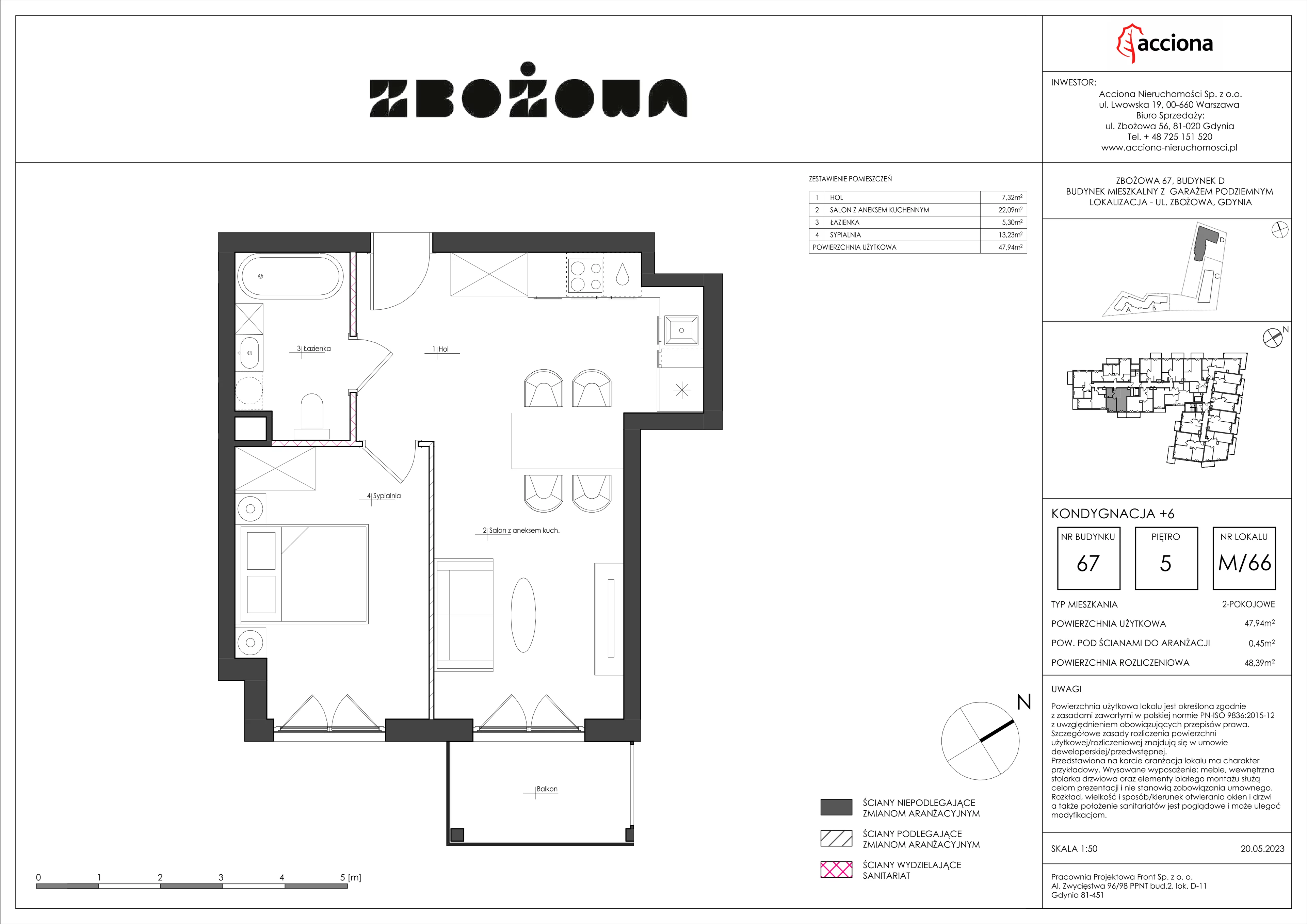 2 pokoje, mieszkanie 48,39 m², piętro 5, oferta nr 67.66, Zbożowa, Gdynia, Cisowa, ul. Zbożowa