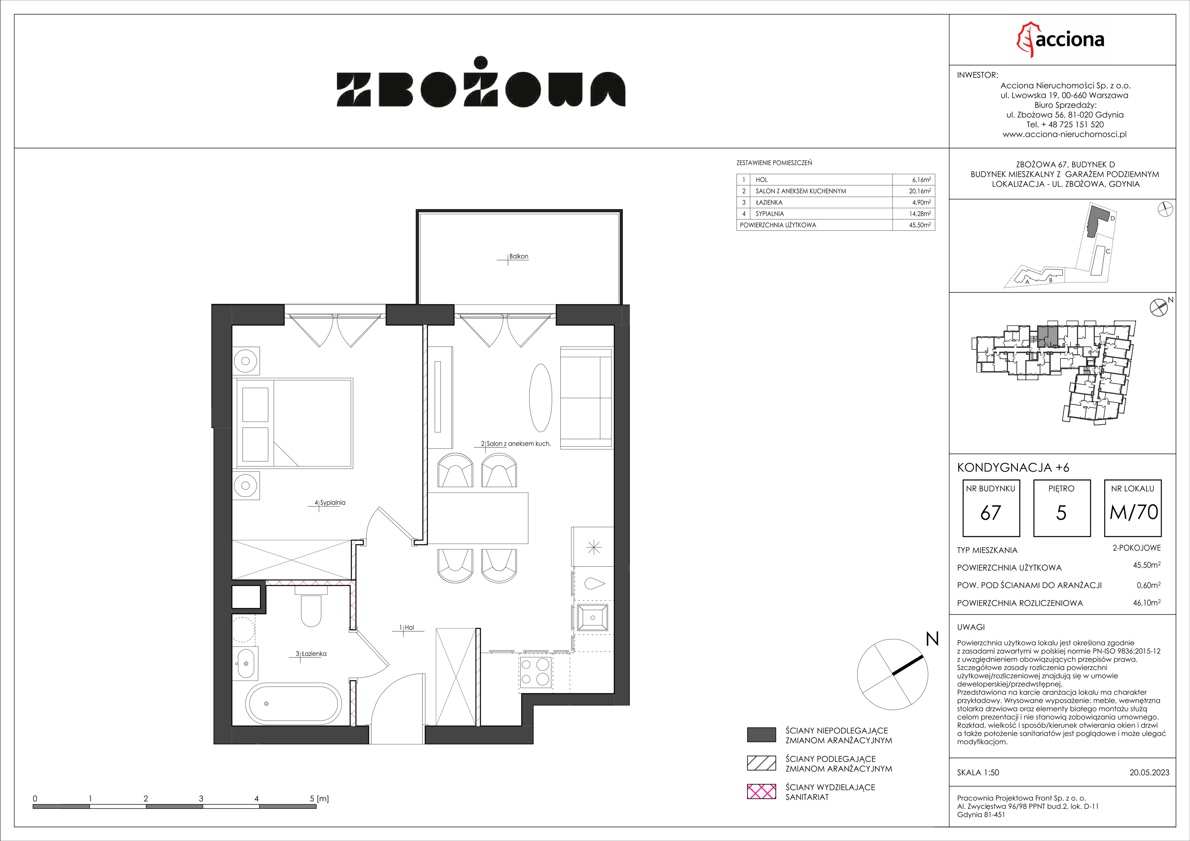 2 pokoje, mieszkanie 46,10 m², piętro 5, oferta nr 67.70, Zbożowa, Gdynia, Cisowa, ul. Zbożowa