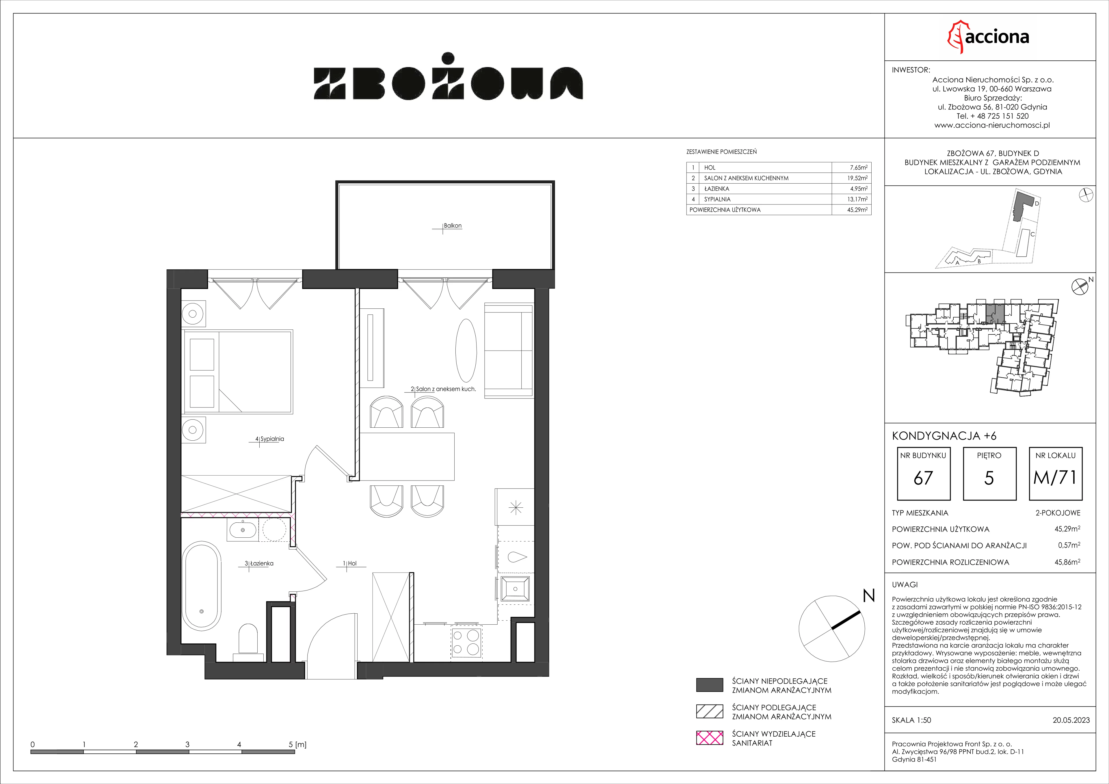 2 pokoje, mieszkanie 45,86 m², piętro 5, oferta nr 67.71, Zbożowa, Gdynia, Cisowa, ul. Zbożowa