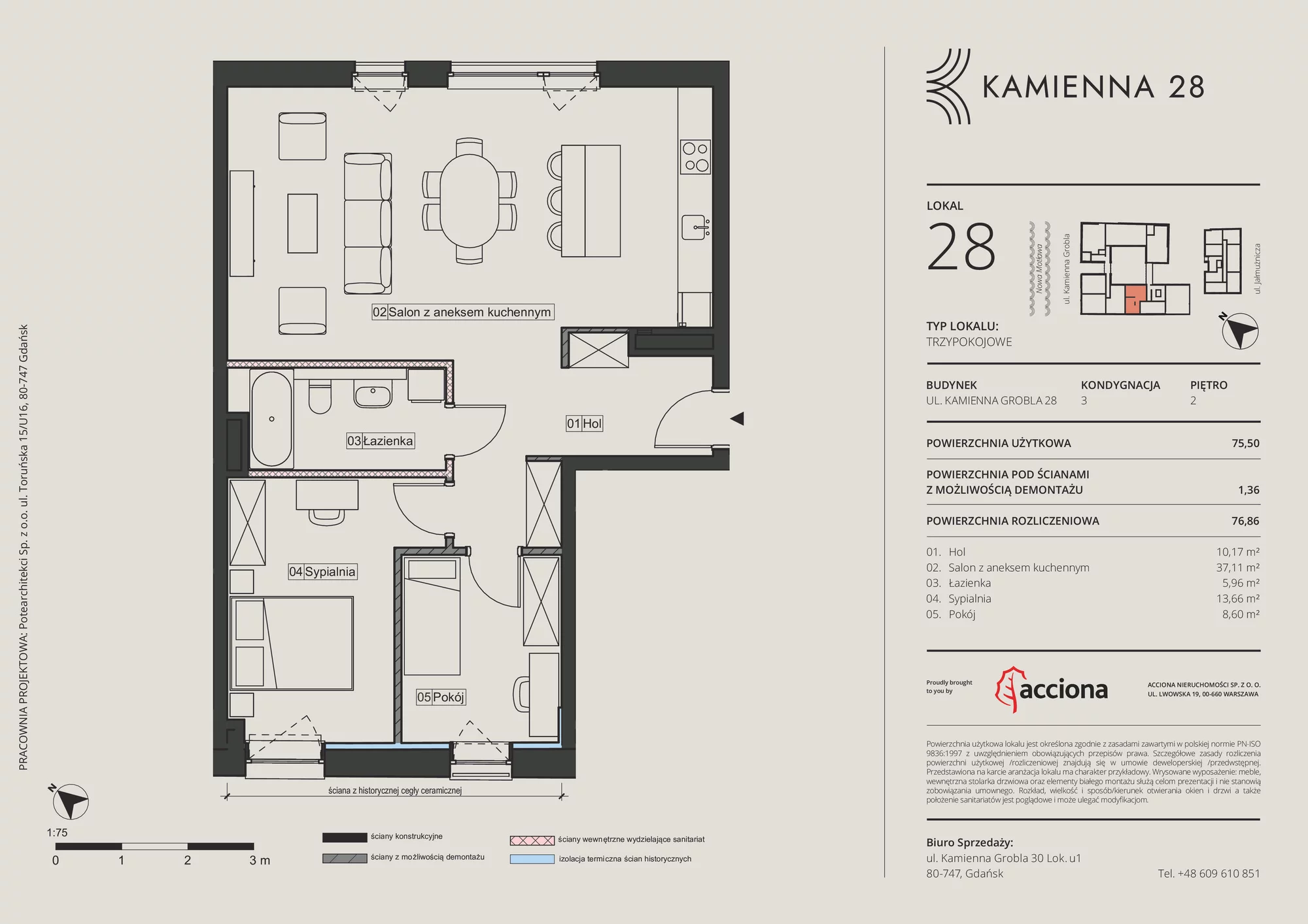 Mieszkanie 76,86 m², piętro 2, oferta nr 28.28, Kamienna 28, Gdańsk, Śródmieście, Dolne Miasto, ul. Kamienna Grobla 28/29