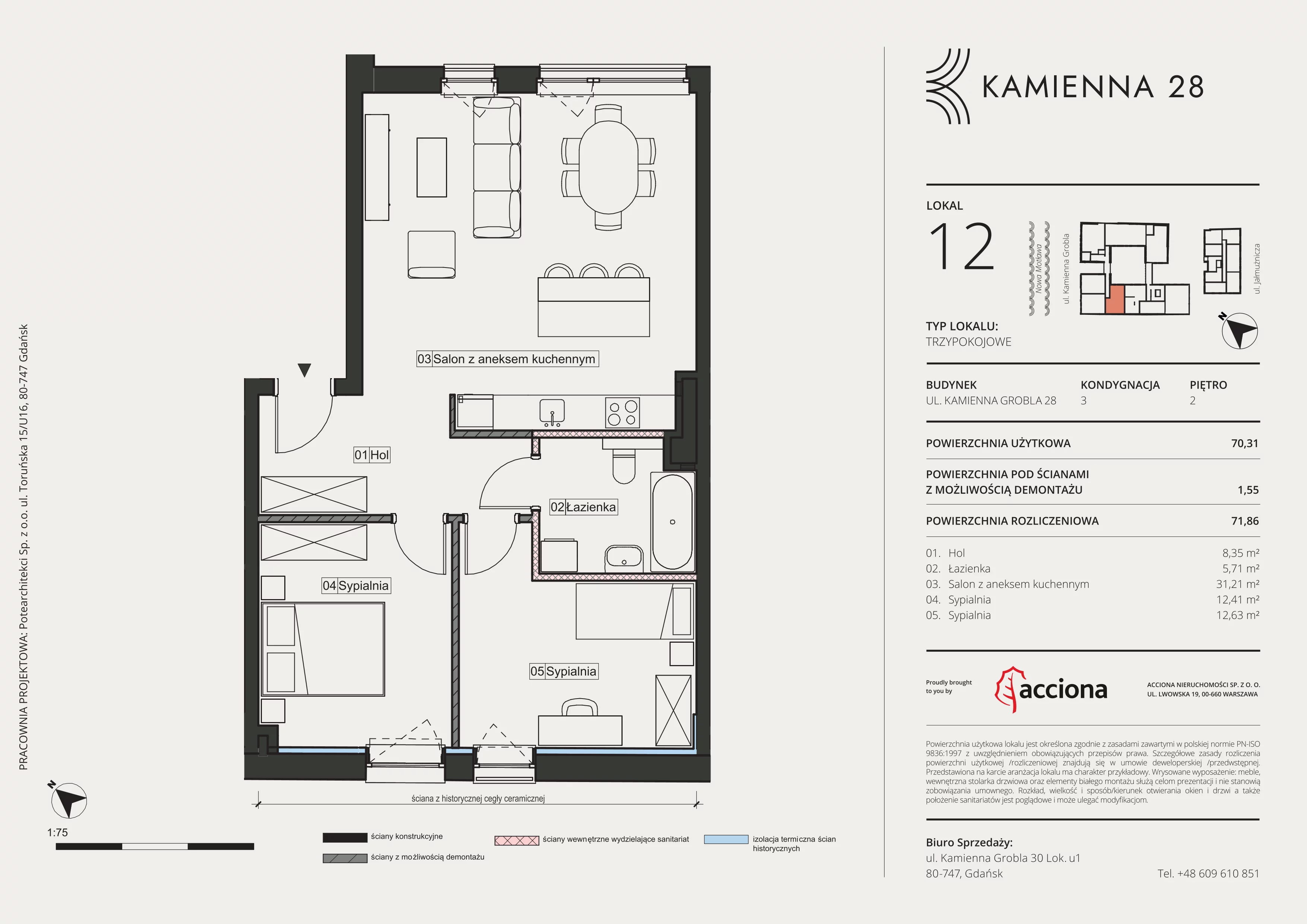3 pokoje, mieszkanie 71,86 m², piętro 2, oferta nr 28.12, Kamienna 28, Gdańsk, Śródmieście, Dolne Miasto, ul. Kamienna Grobla 28
