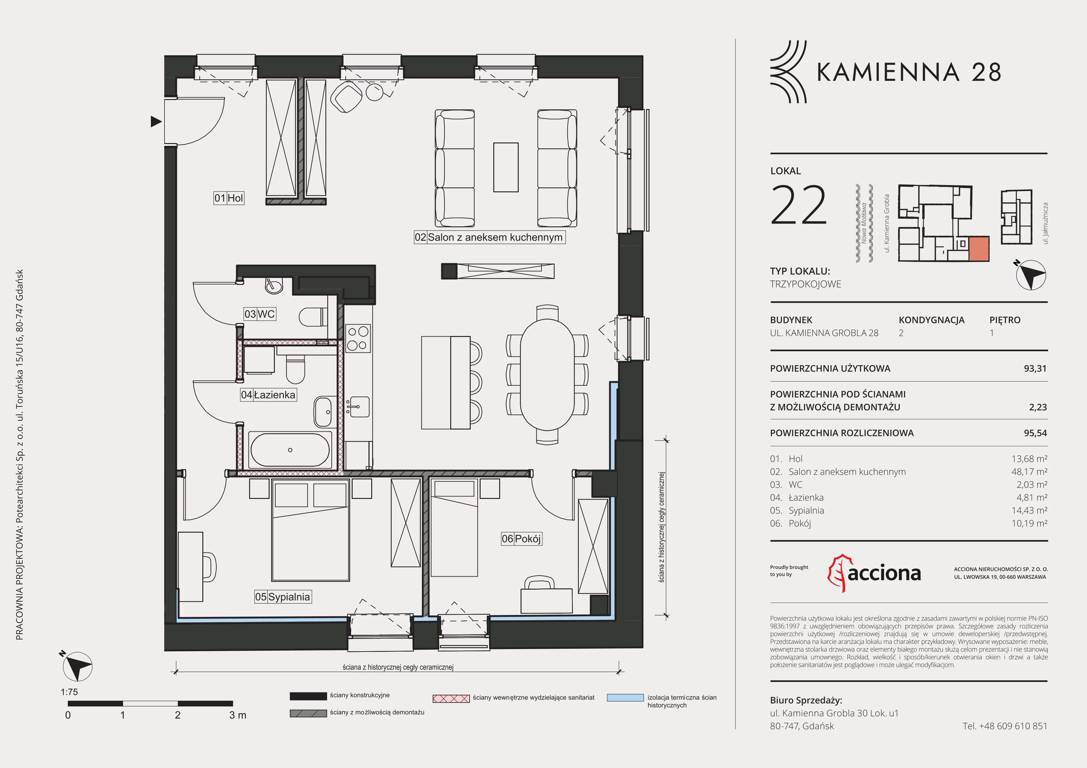 3 pokoje, apartament 95,54 m², piętro 1, oferta nr 28.22, Kamienna 28, Gdańsk, Śródmieście, Dolne Miasto, ul. Kamienna Grobla 28