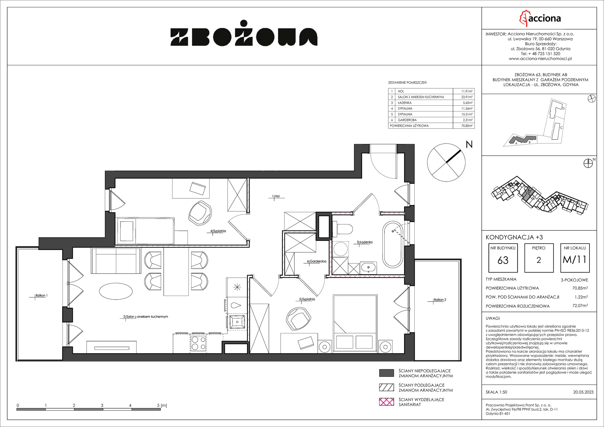 3 pokoje, apartament 72,07 m², piętro 2, oferta nr 63.11, Zbożowa, Gdynia, Cisowa, ul. Zbożowa